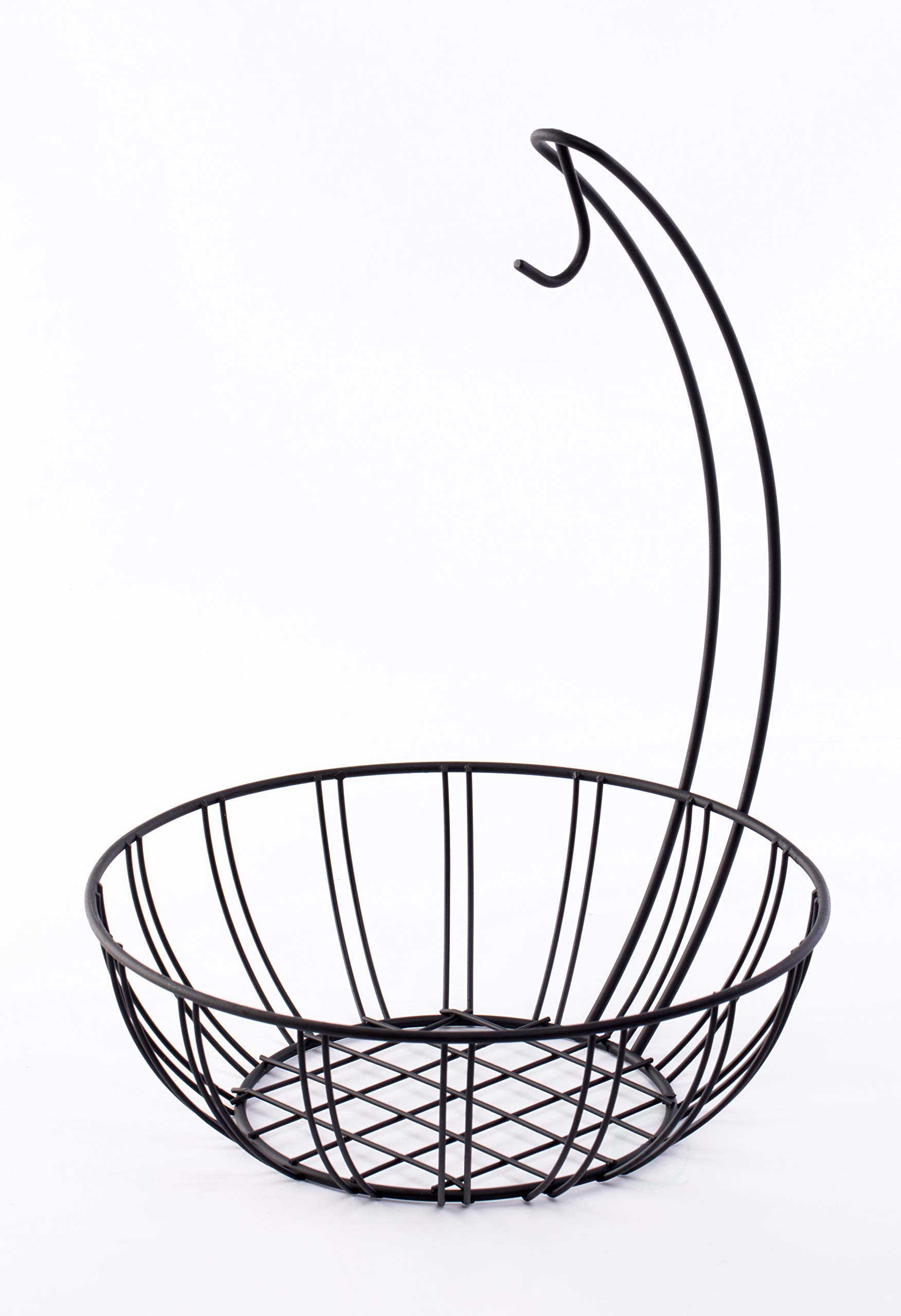 Basicwise Metal Wire Fruit Basket with Banana Hanger - Rustproof Kitchen Countertop Organizer for Fruits, Vegetables & Snacks - Perfect for Dining Table, Pantry or Office Break Room (Black)