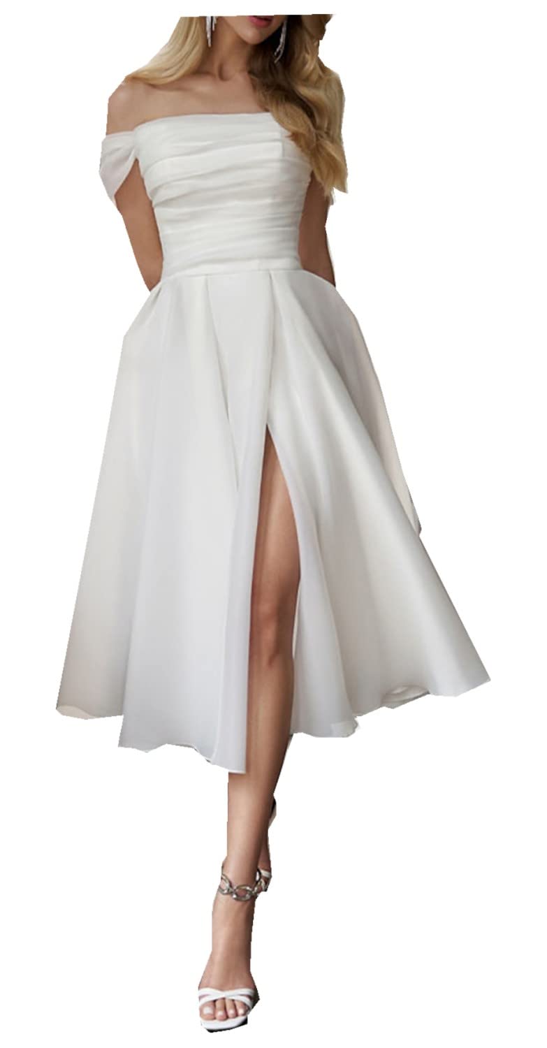Lyhias Simple Off Shoulder Split Front Wedding Dress - Elegant Casual Bridal Gown with Ruched Detail (LS007) | Perfect for Beach Weddings, Vow Renewals & Romantic Photoshoots