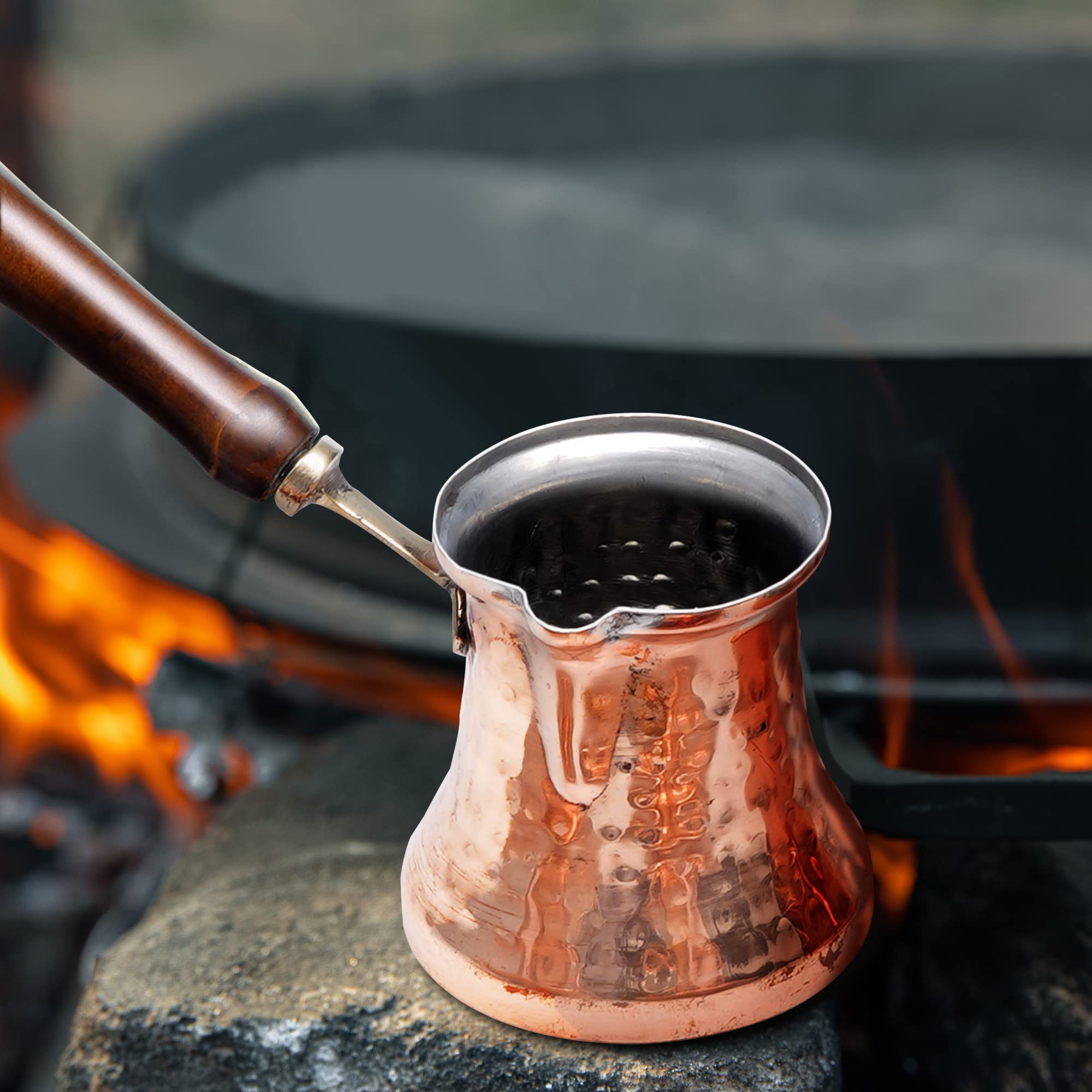 Authentic Hammered Copper Cezve Turkish Coffee Pot with Wooden Handle - Traditional Turkish & Greek Coffee Maker - Perfect Gift for Coffee Lovers - Ideal for Home Brewing, Camping & Turkish Coffee Ceremonies