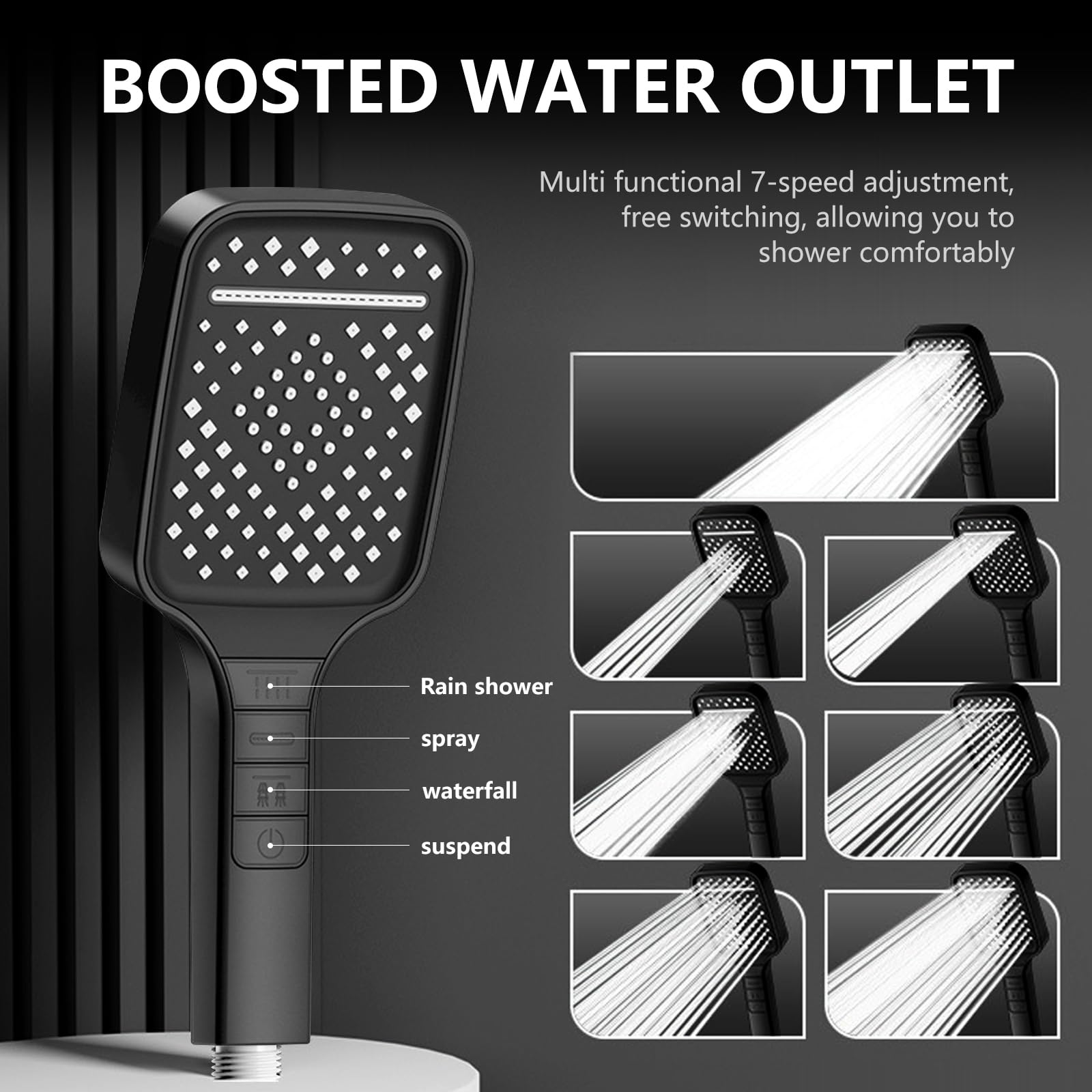 VicBou High Pressure Shower Head with 7 Spray Modes - 1.5m Hose, Water Saving Design & Stop Button - Square Chrome Shower Head in Black - Perfect for Bathroom, Spa-Like Shower Experience & Water Conservation
