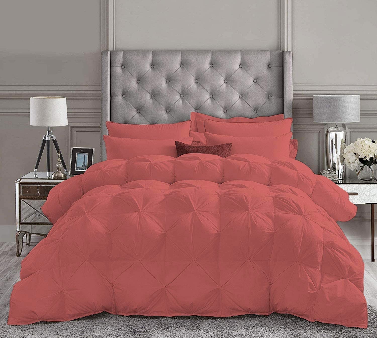 Luxury 500 GSM Brick Red 5-Piece Pinch Pleated Oversized Queen Comforter Set - Egyptian Cotton 1000 Series (Comforter + 4 Pillowcases) for Cozy Bedroom Decor & Hotel-Style Comfort