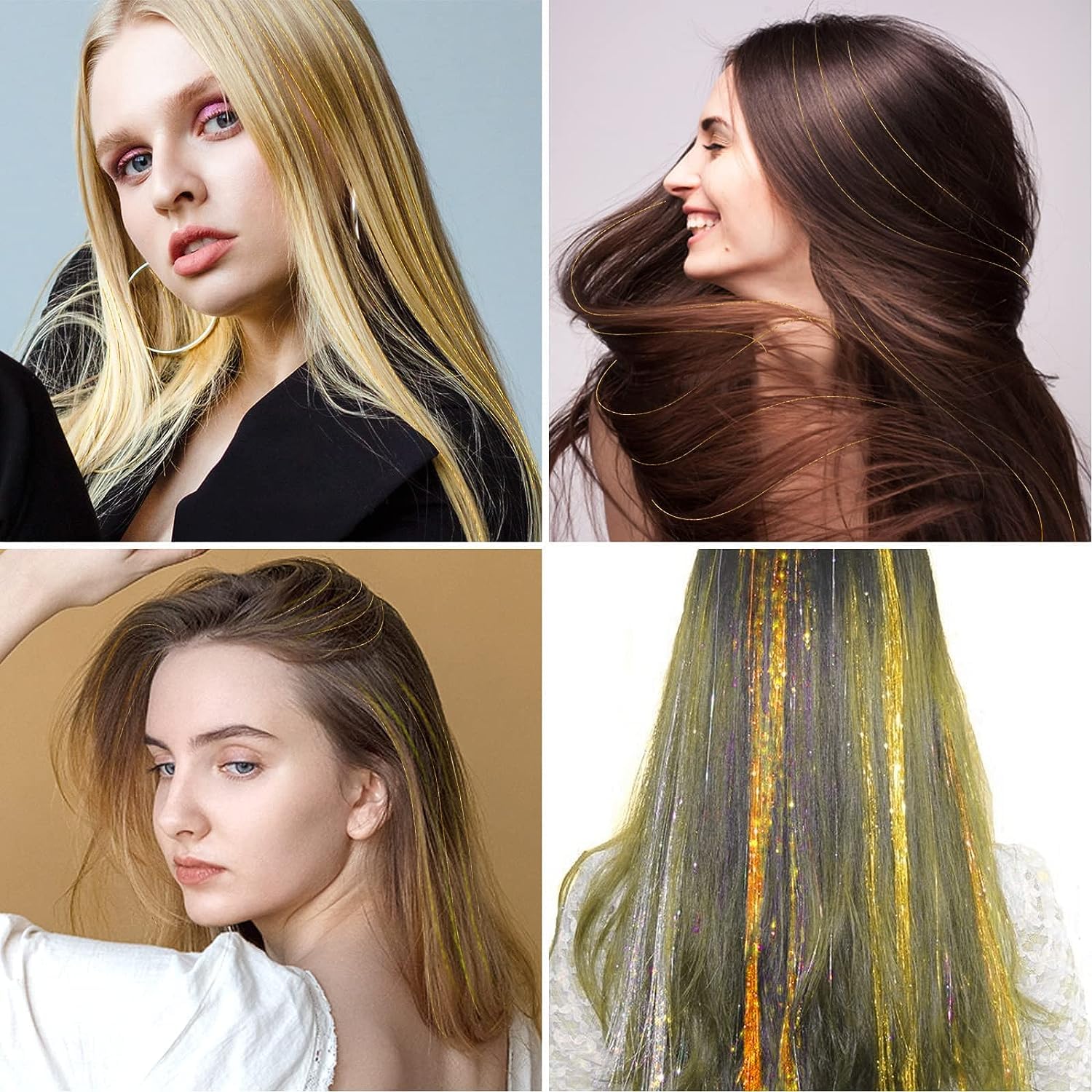 Golden Hair Tinsel Extensions – Sparkling Glitter Hair Strands for Women & Girls | Perfect for Parties, Festivals & Special Occasions | Straight Hair Accessories for Shimmering Highlights