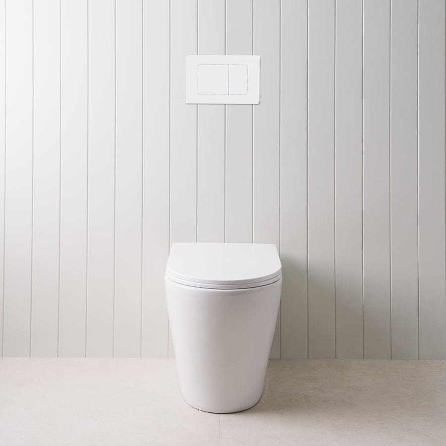 Angled In-Wall Toilet with Rectangle Matte White Buttons - Modern Space-Saving Bathroom Solution for Small Spaces & Contemporary Homes
