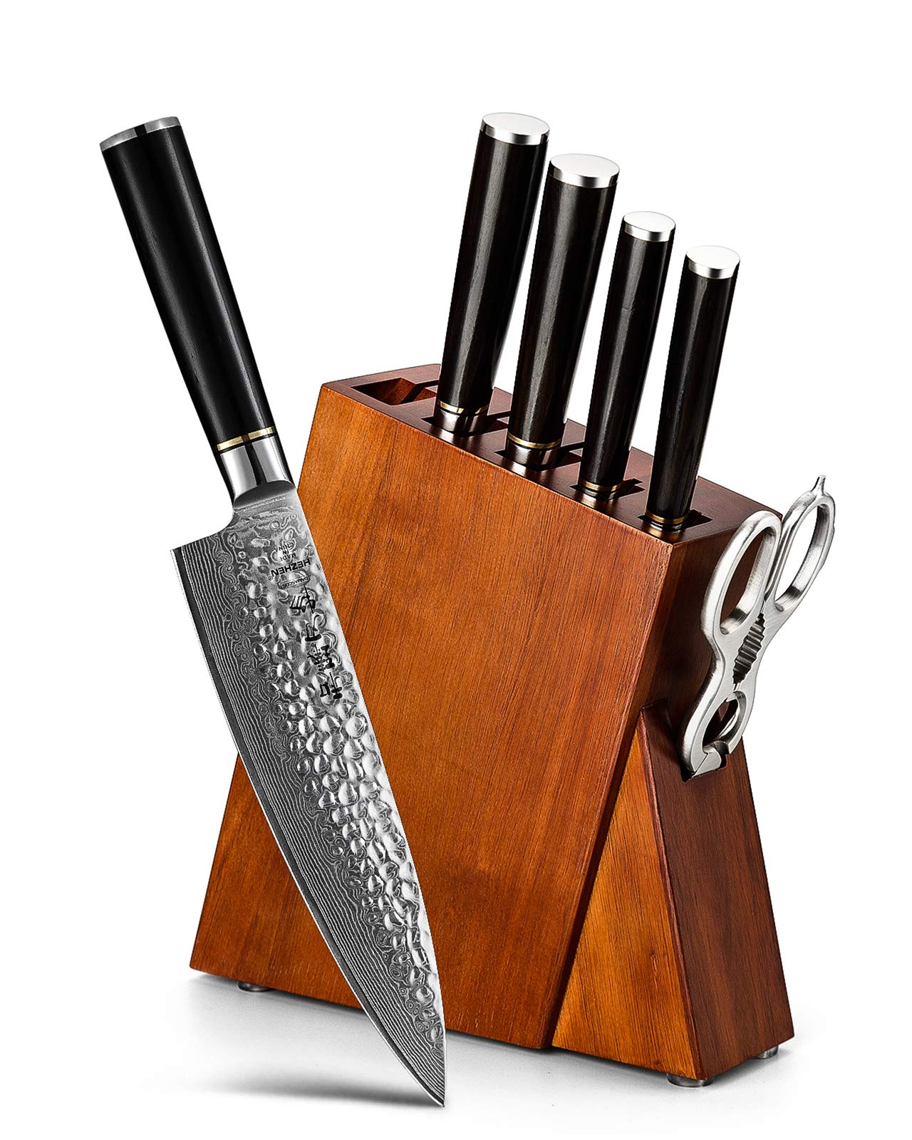 Premium Damascus Steel 7-Piece Kitchen Knife Set with Block - Professional Chef Knife, Santoku, Nakiri, Utility & Fruit Knives - Includes Multifunctional Kitchen Shears - Ergonomic Ebony Handle - Perfect for Home Chefs, Cooking Enthusiasts & Professional Kitchens
