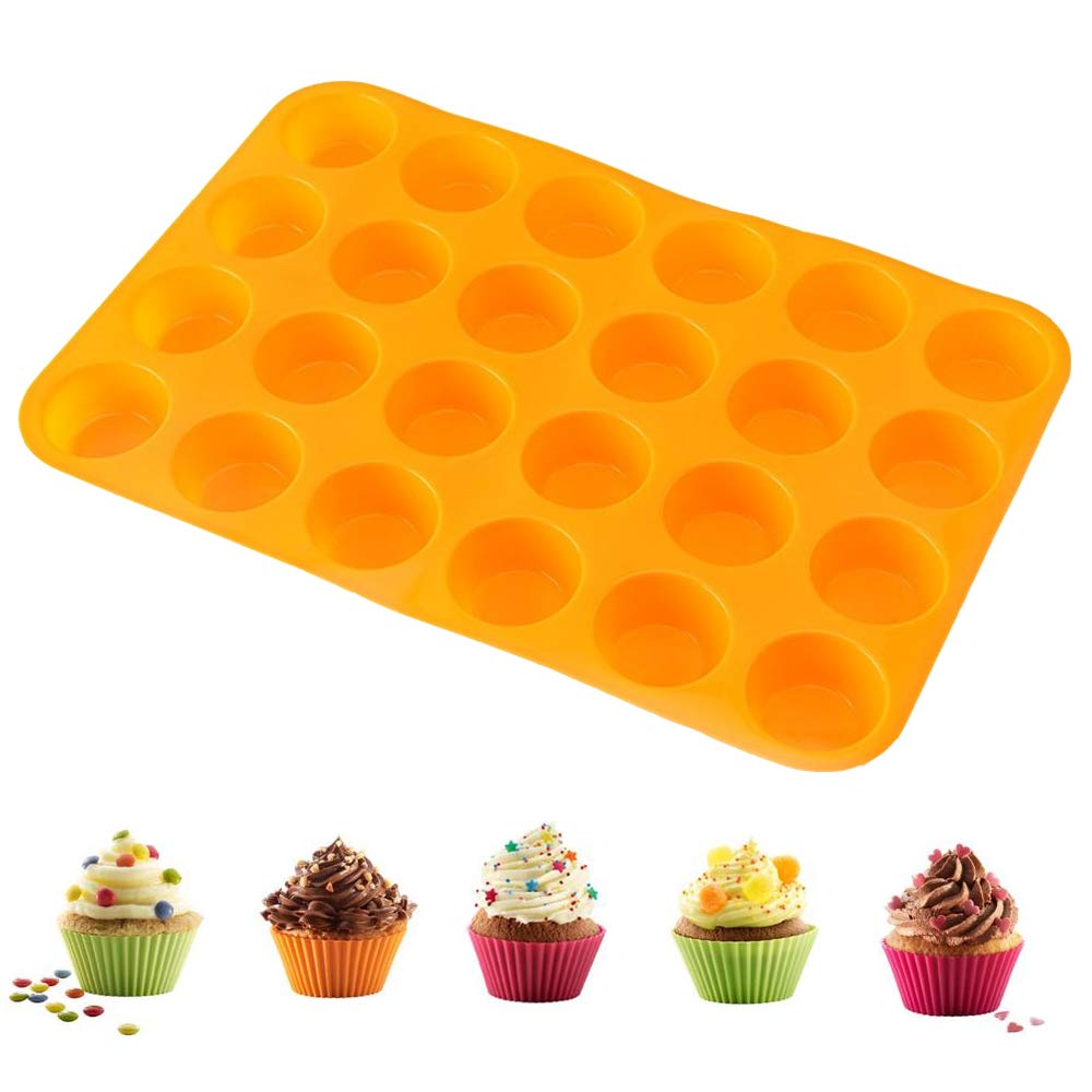 Qtopun 4-Pack Silicone Mini Muffin Pan - 24 Cups Non-Stick Baking Mold for Cupcakes, Muffins & Desserts - Perfect for Parties, Holidays & Home Baking (Orange)