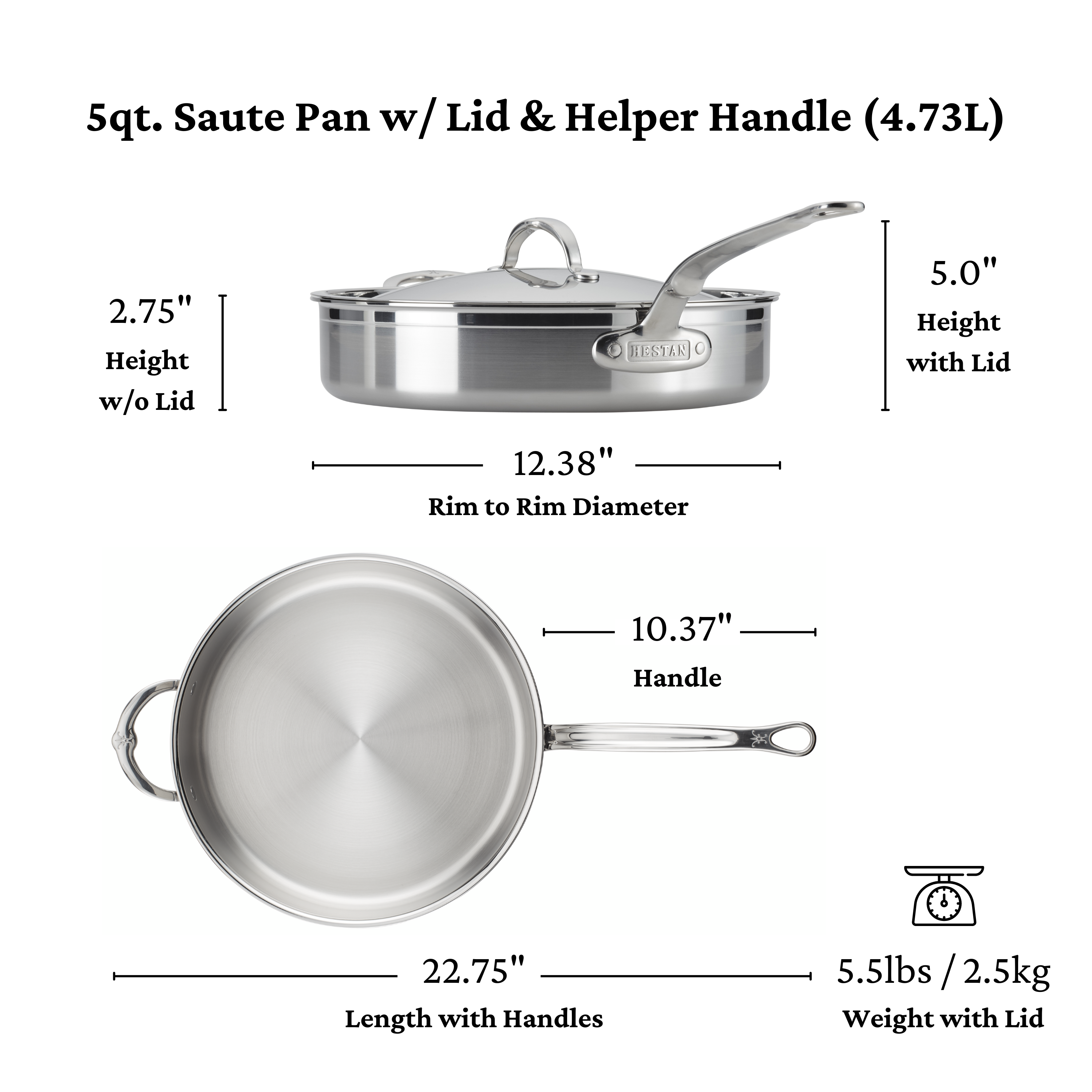 Hestan Probond Nonstick Covered Saute Pan with Helper Handle - Premium Cookware for Home Chefs & Professional Kitchens - Perfect for Searing, Frying & Sauteing Vegetables, Meats & More