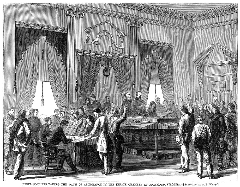 1865 Civil War Oath of Allegiance Wood Engraving - Senate Chamber Scene for History Collectors