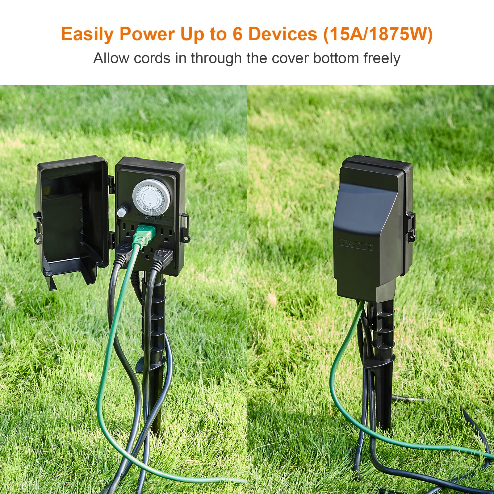 SURAIELEC 24-Hour Outdoor Mechanical Timer Power Stake - Weatherproof Electrical Outlet Splitter with 6FT Extension Cord for Patio Lights, Halloween Decorations, Christmas Lighting & Garden Landscape Use