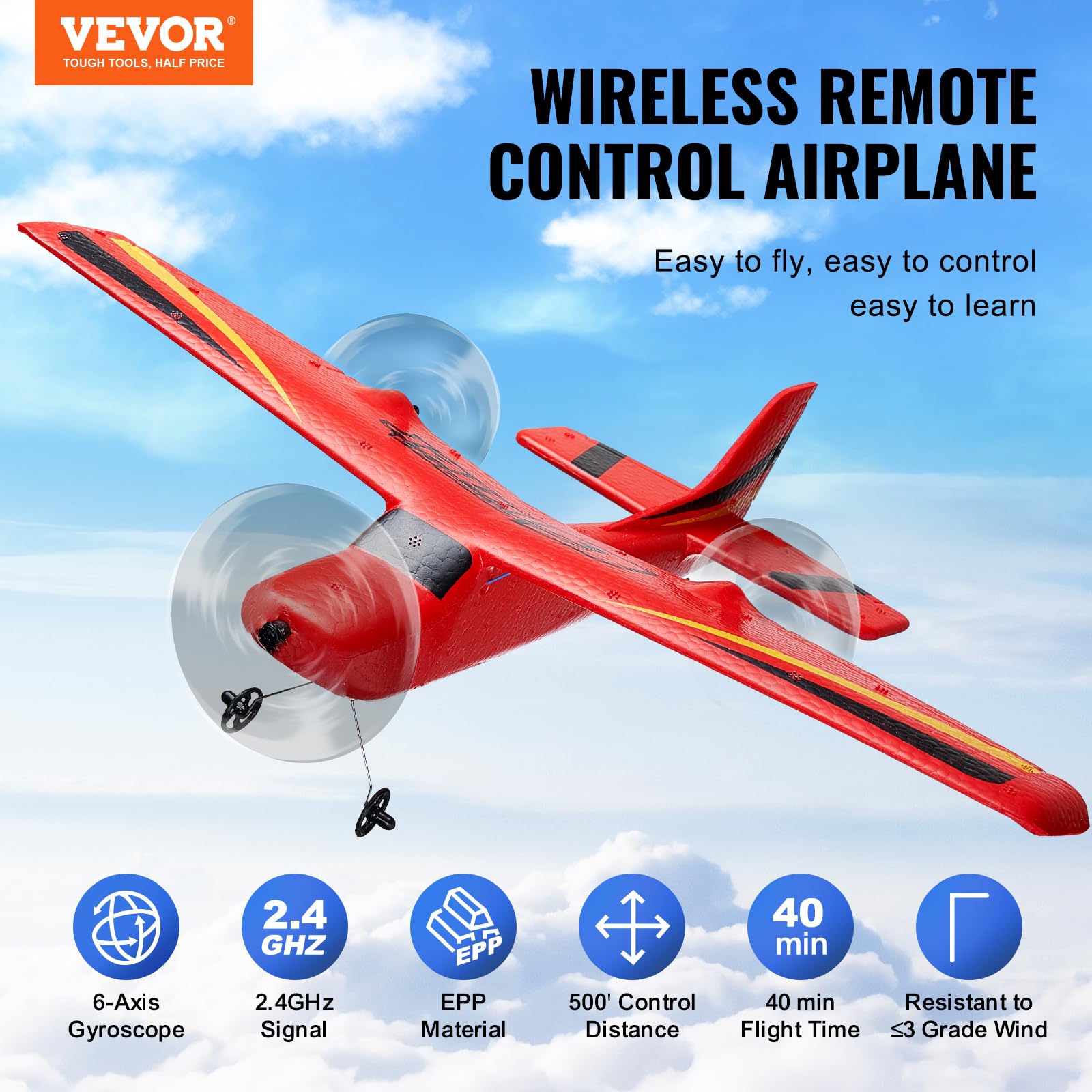 VEVOR 2.4GHz 2CH RC Airplane with 6-Axis Gyro Stabilizer - Ready to Fly Remote Control Glider with 2 Batteries - Best RC Plane Toy for Adults & Kids Beginners - Perfect Birthday & Christmas Gift for Outdoor Flying Fun
