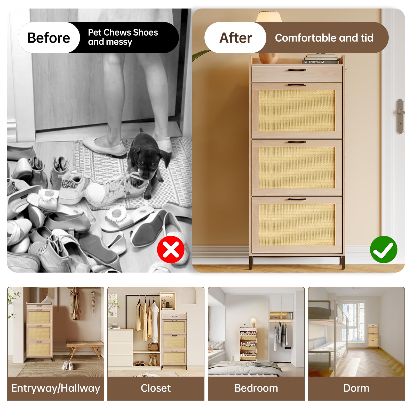 Rattan Shoe Storage Cabinet with 3 Flip Drawers & 1 Drawer - Narrow Freestanding Shoe Organizer for Entryway, Hallway, Living Room & Bedroom - Slim Hidden Shoe Cabinet with Metal Legs - Perfect for Small Spaces & Clutter-Free Home Organization