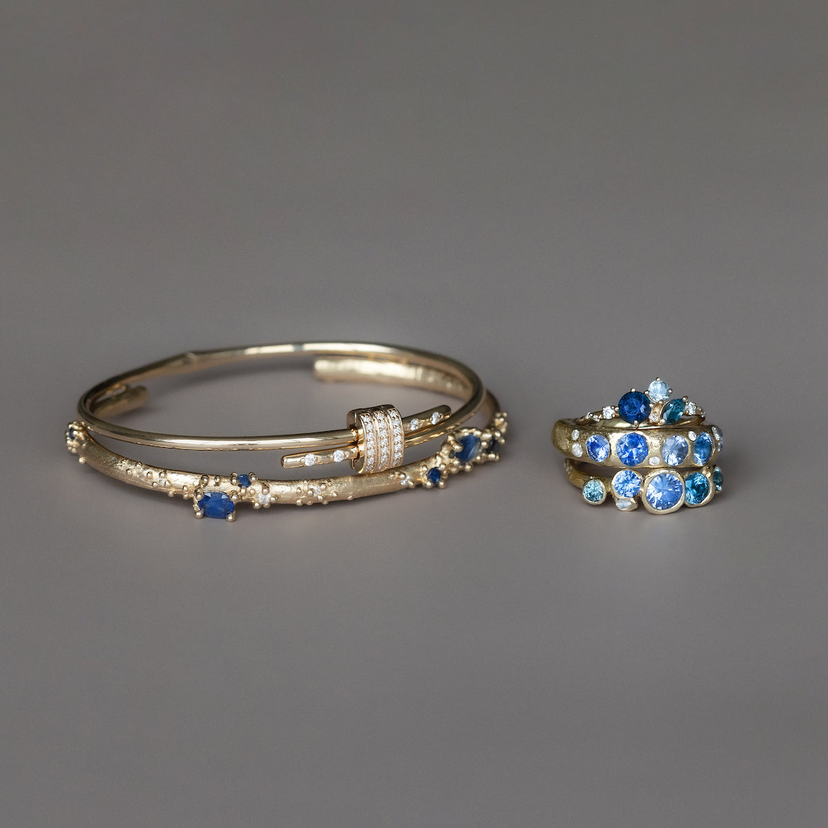 Exquisite 14K Gold Cuff Bracelet with Genuine Sapphire & Diamond Accents - Perfect for Weddings, Anniversaries & Special Occasions