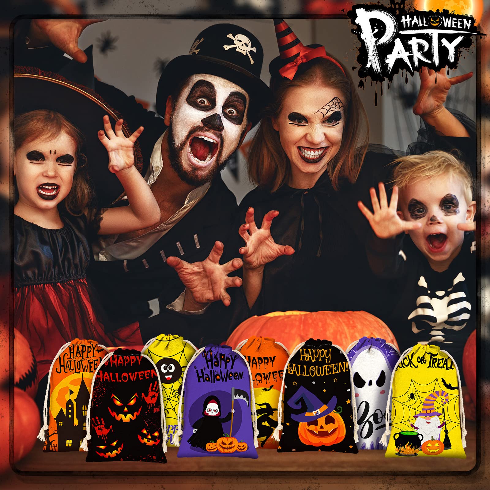 24-Piece Halloween Drawstring Gift Bags 4x6 Inches - 8 Styles Halloween Party Favors, Trick or Treat Bags for Kids - Perfect for Classroom Treats, Halloween Party Supplies & Goodie Bags