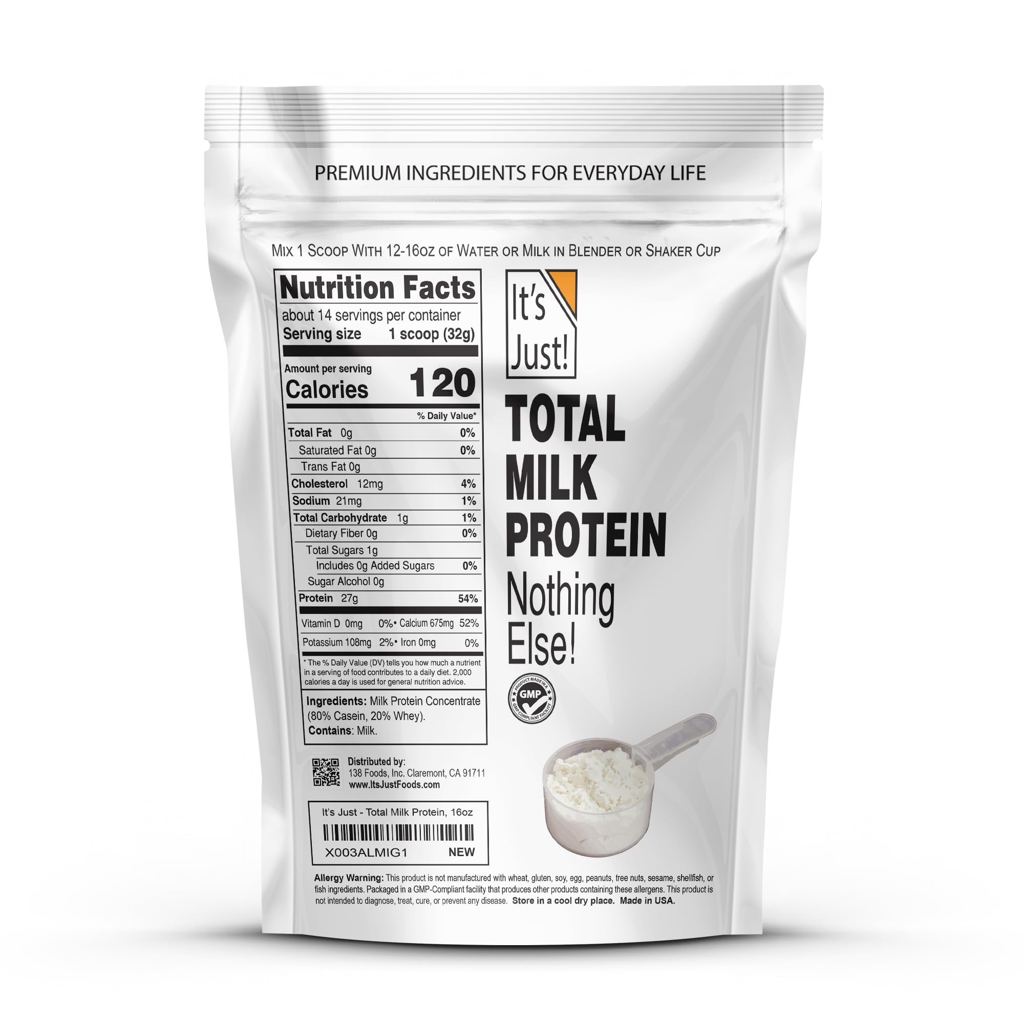 Total Milk Protein Powder - 1lb Bag, 80% Casein & 20% Whey, Natural Unflavored Supplement (16oz) for Muscle Recovery & Post-Workout Nutrition