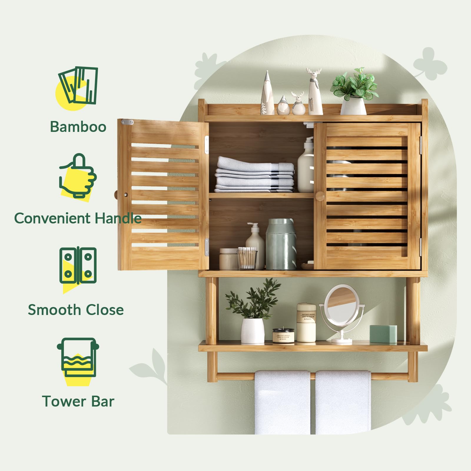 AmazerBath Large Bamboo Medicine Cabinet for Bathroom - Over Toilet Storage Organizer with Adjustable Shelves & Towel Bar - Space-Saving Wall Cabinet (8.3x21.3x26.6 Inches) - Perfect for Small Bathrooms, Apartments & Powder Rooms