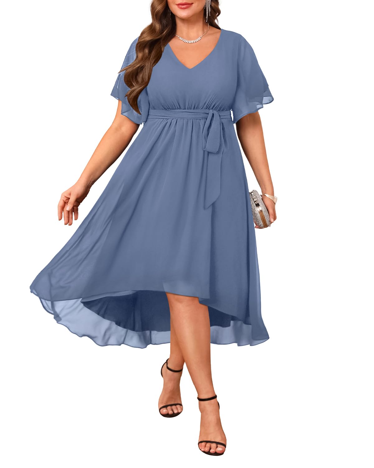 Elegant Plus Size Wedding Guest Dress - Formal Cocktail Chiffon V-Neck Short Sleeve High-Low Dress for Curvy Women | Perfect for Weddings, Parties & Special Occasions