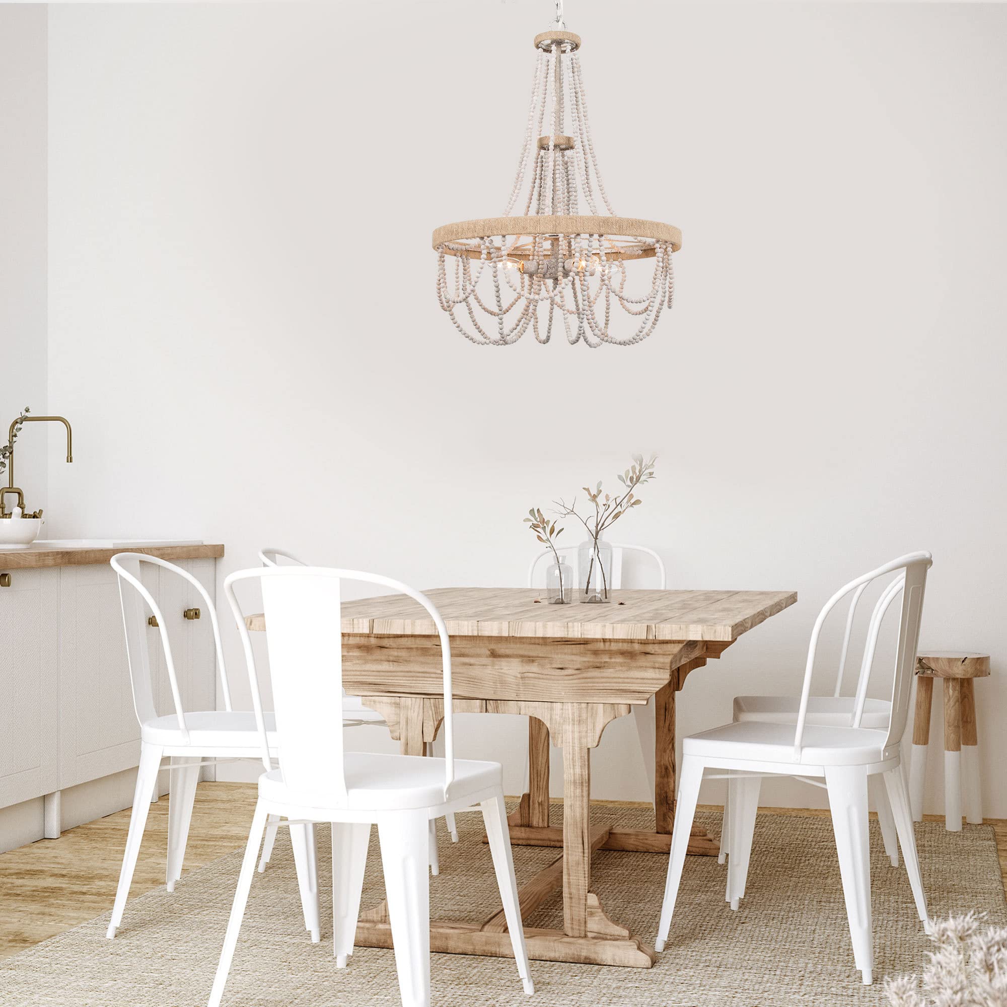 Rustic Farmhouse Wood Beaded Chandelier - 4-Light Boho Ceiling Pendant Light with Natural Hemp Ropes for Dining Room, Living Room & Bedroom Decor | Perfect for Boho, Farmhouse & Coastal Style Homes