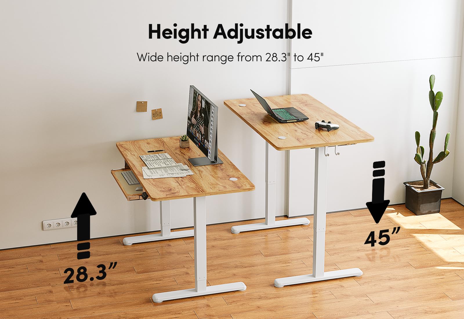 BANTI 40 x 24 Inch Electric Height Adjustable Standing Desk with Keyboard Tray | Sit Stand Workstation with Splice Board | White Frame & Light Rustic Brown Top | Perfect for Home Office, Gaming & Workspace Ergonomics