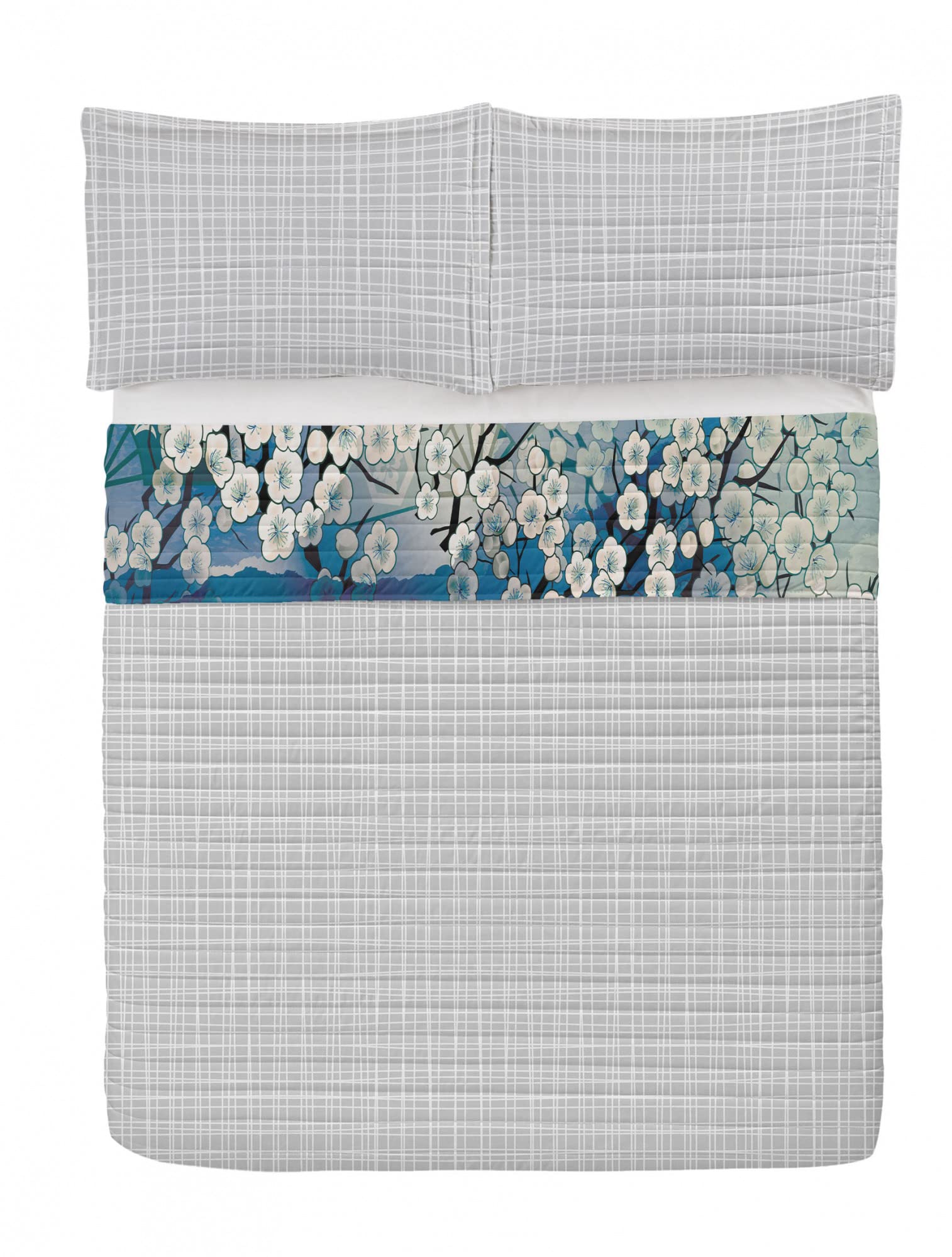 Ambesonne Reversible King Size Bedspread Set - Japanese Cherry Blossom Sakura Tree Design, Microfiber Comforter with Pillow Shams, Sky Blue | Spring Floral Bedding for Master Bedroom, Guest Room Decor