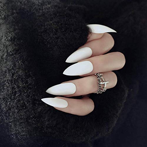 Glossy Press-On Nails Long Stiletto Fake Nails - 24PCs Full Cover Artificial Nails for Women & Girls (White) | Perfect for Parties, Weddings, and Special Occasions