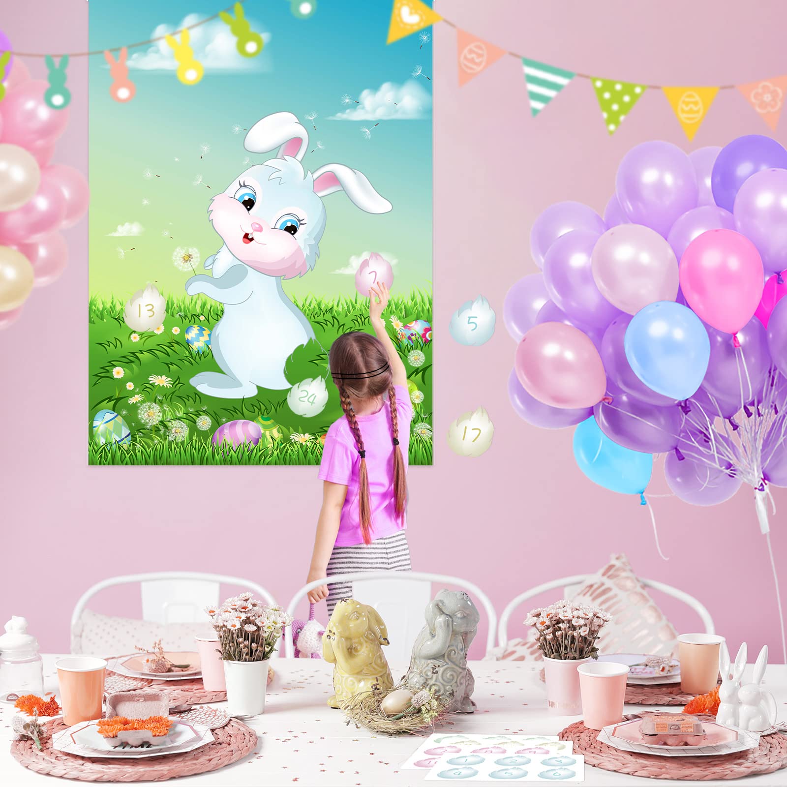 ASTARON Pin The Tail on The Bunny Game - 24pcs Easter Party Supplies for Birthday & Easter Celebrations - Fun Kids Party Game for Indoor & Outdoor Activities