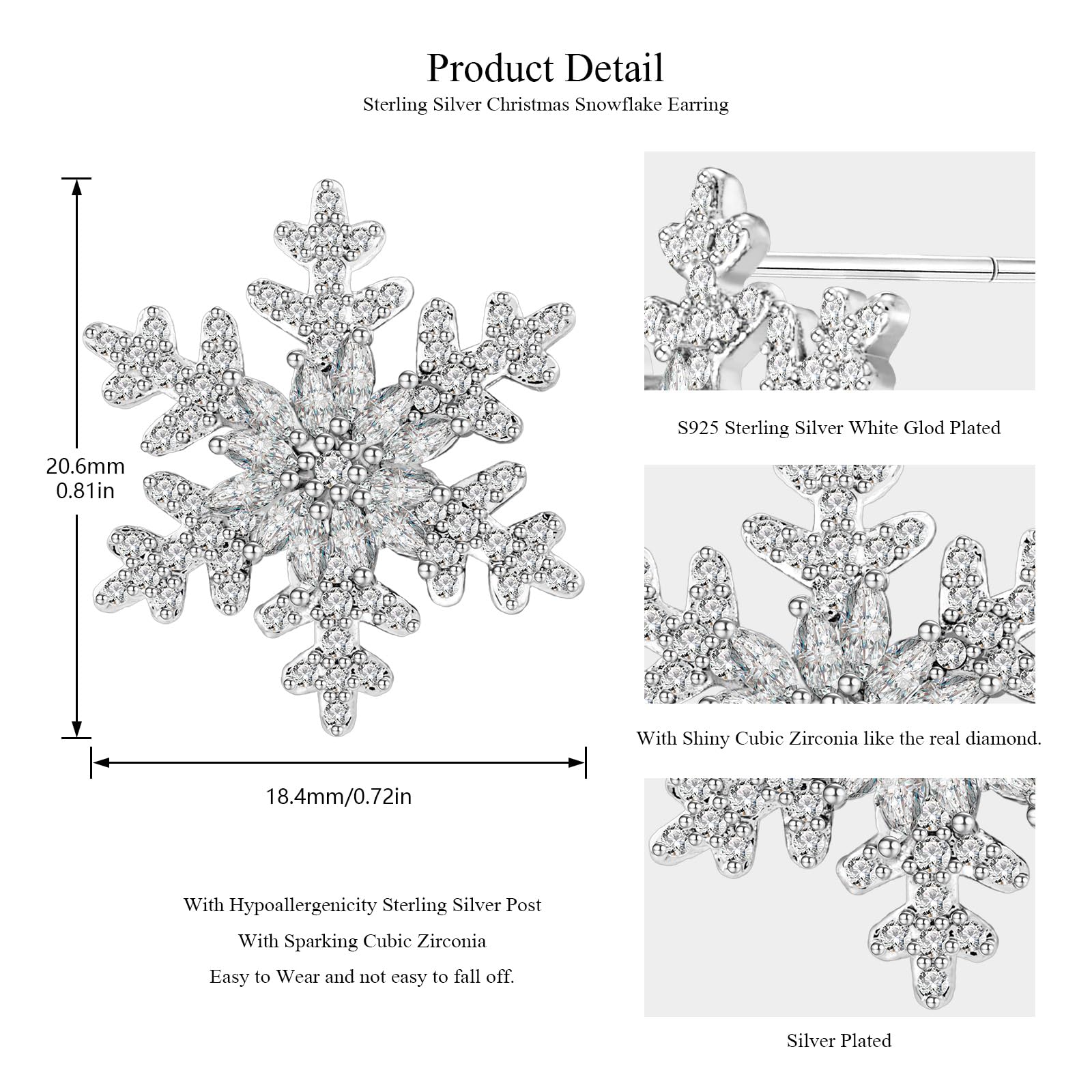 925 Sterling Silver Snowflake Stud Earrings with Cubic Zirconia - Hypoallergenic Christmas Jewelry Gift for Women & Girls | Perfect for Holiday Parties, Weddings & Everyday Wear