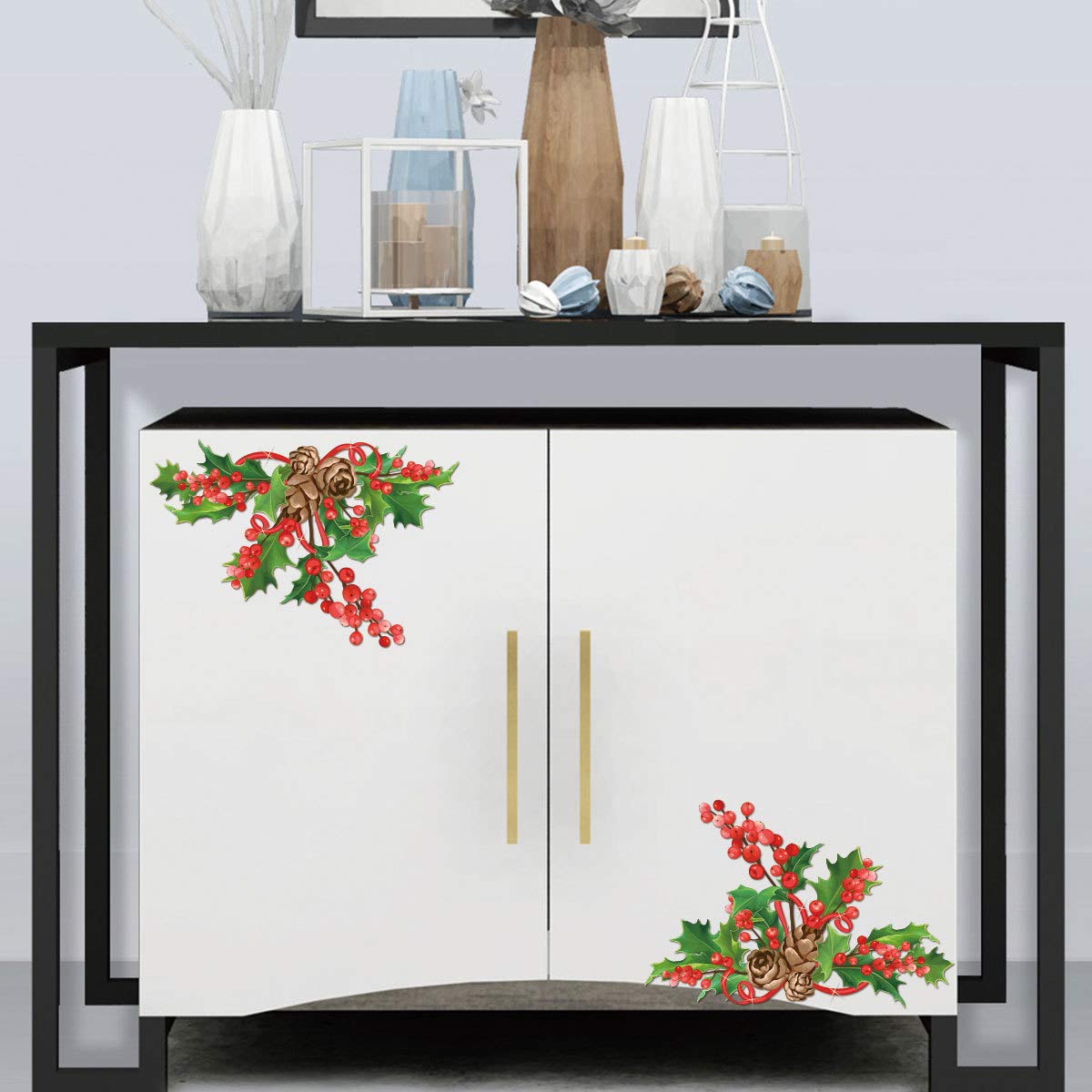 Christmas Window Glass Wall Decals - Red Berry Fridge Refrigerator Stickers, Toilet Lid & Cabinet Glass Diagonal Decorations | Removable Holiday Stickers for Xmas Home Decor | Perfect for Kitchen, Bathroom & Living Room Seasonal Decorating