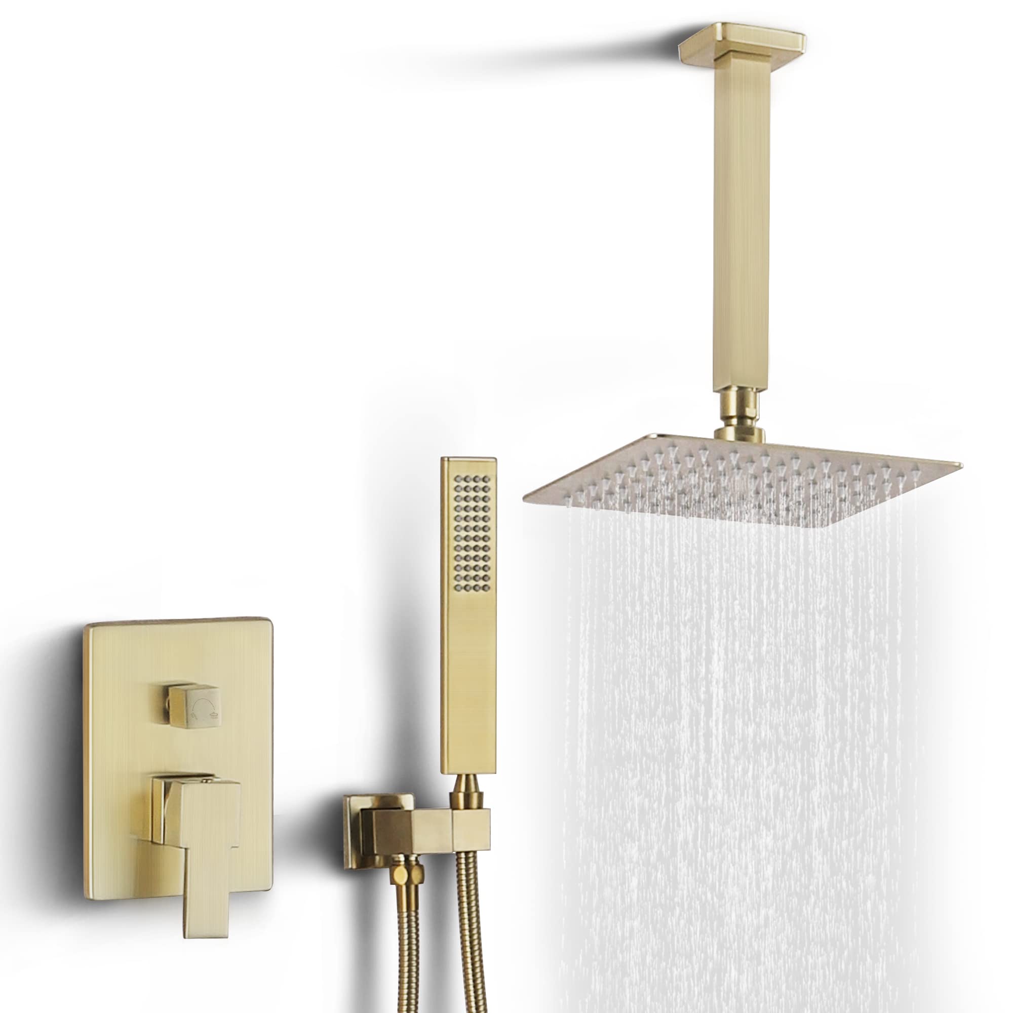 Premium 8 Inch Rainfall Shower Faucet Set - Brushed Gold Ceiling Mount Shower Head with Single Handle Valve Trim Kit | Modern Bathroom Fixture for Luxurious Spa-Like Experience