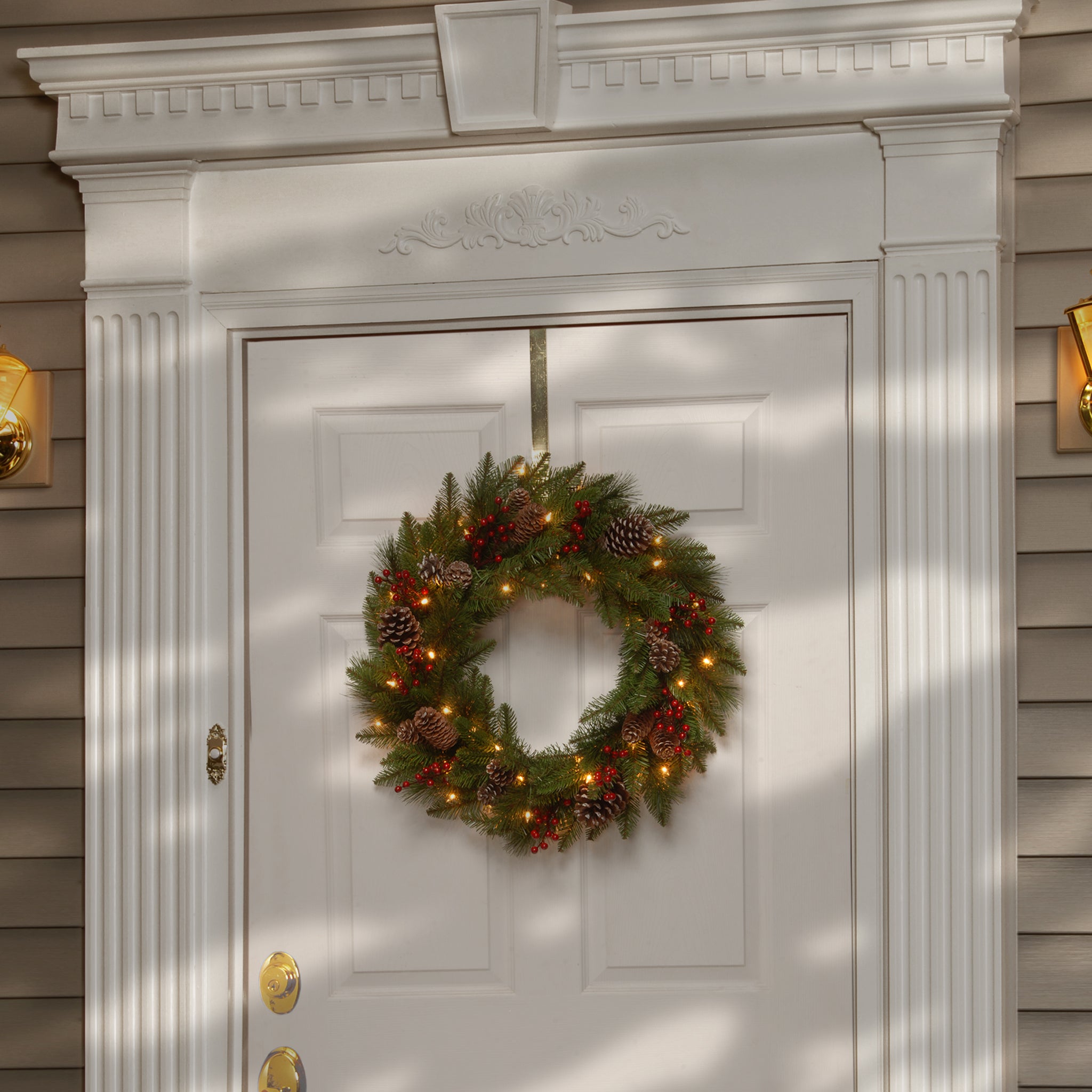 24 Inch Pre-Lit Bristle Berry Wreath with Warm White LED Lights - Christmas Holiday Door Decor for Home, Office & Outdoor Use