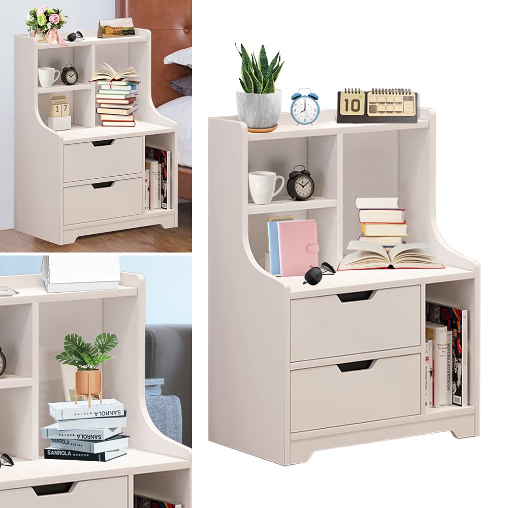 White MDF Bedside Table with Drawer - Multifunctional Storage Nightstand for Bedroom, Living Room & Home Office - Compact Side Table with Cabinet Space for Books, Lamps & Essentials