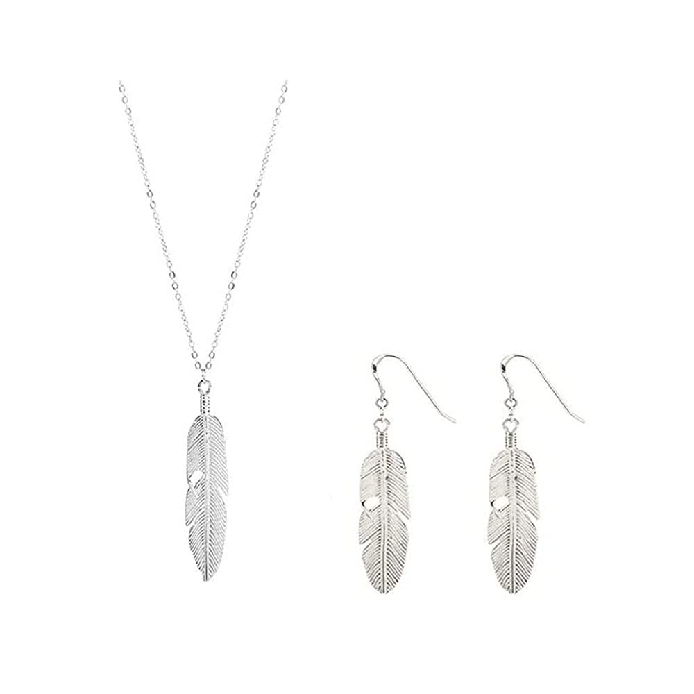 La Espoir Simple Long Leaf Feather Necklace & Earrings Set - Elegant Silver & Gold Leaf Choker Jewelry for Women - Perfect for Boho Outfits, Date Nights & Special Occasions