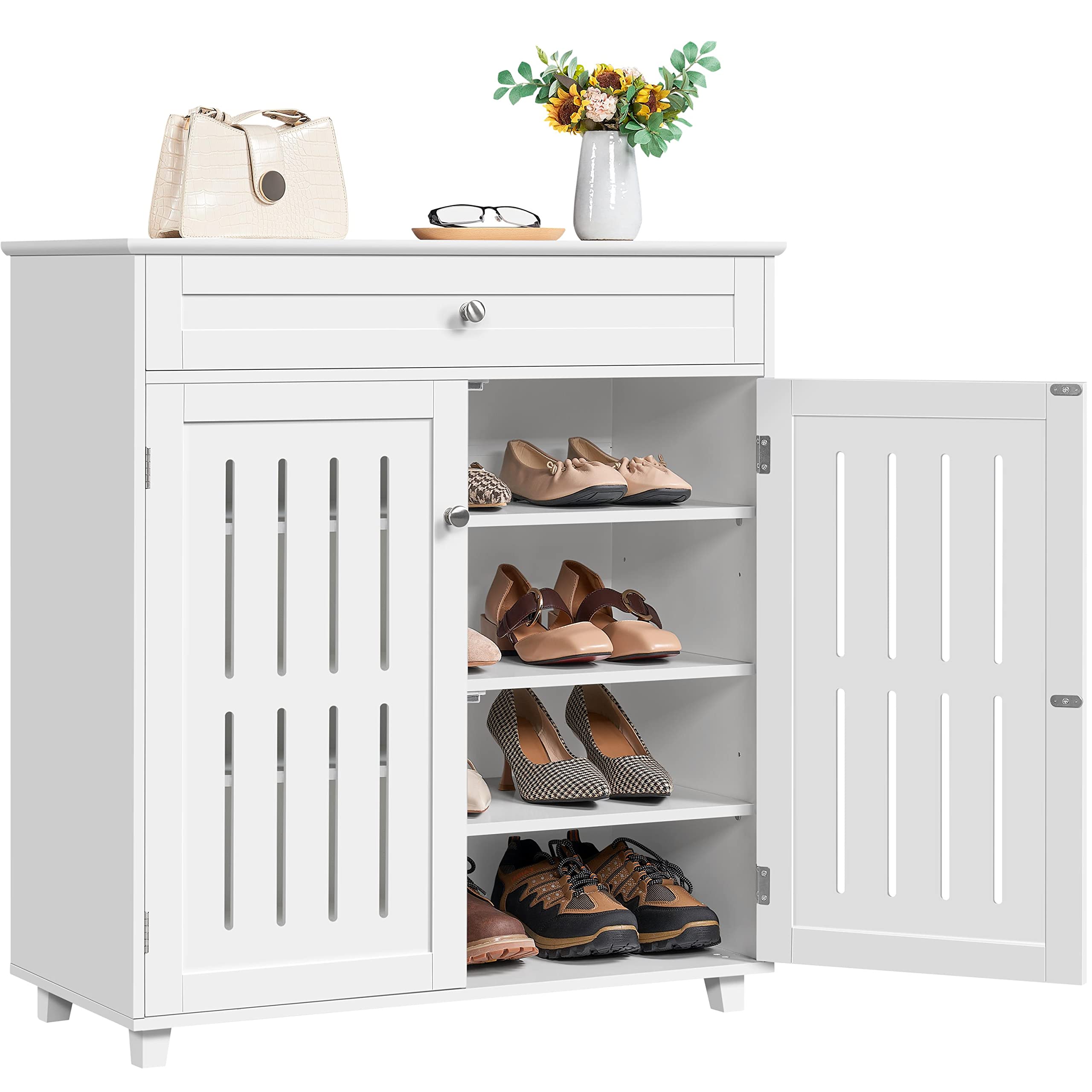 Topeakmart White Wooden Shoe Storage Cabinet with 1 Large Drawer & 4 Shelves, 2 Louvered Doors - Entryway Organizer for Shoes, Boots & Accessories - Perfect for Living Room, Hallway & Closet Organization