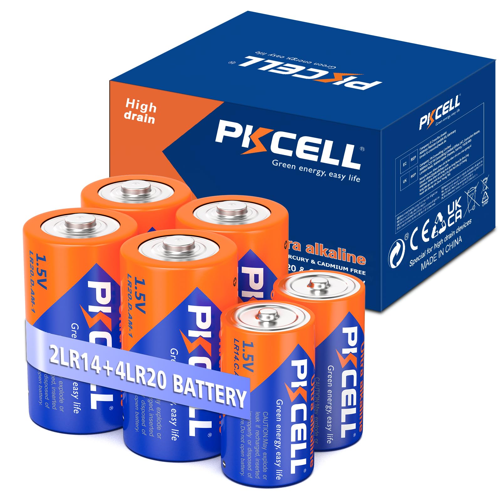 PKCELL Alkaline C & D Batteries Combo Pack - 2 LR14 C Size & 4 LR20 D Size (6 Count Total) 1.5V Long-Lasting Maximum Power Batteries for Flashlights, Toys, Radios, and Household Electronics