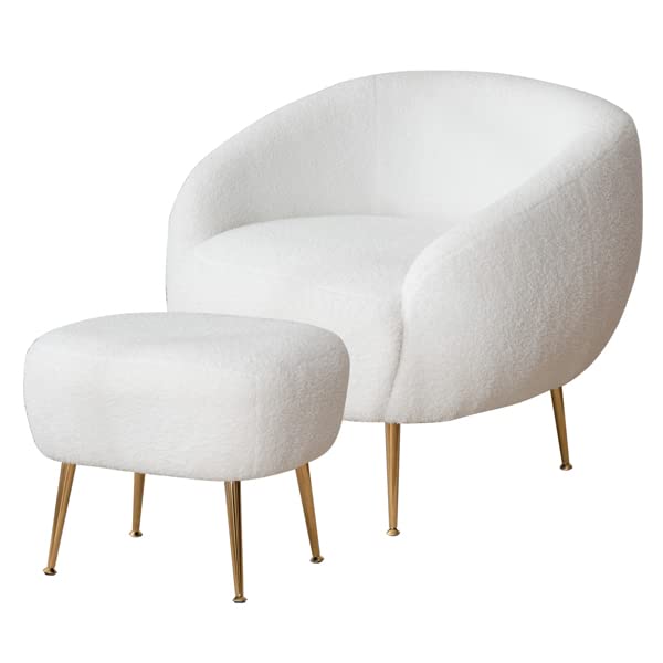 Luxury White Faux Fur Barrel Accent Chair with Ottoman - Cozy Living Room, Bedroom & Guest Room Seating for Home Decor & Relaxation | Perfect for Reading Nook, Lounge Area or Apartment Decor