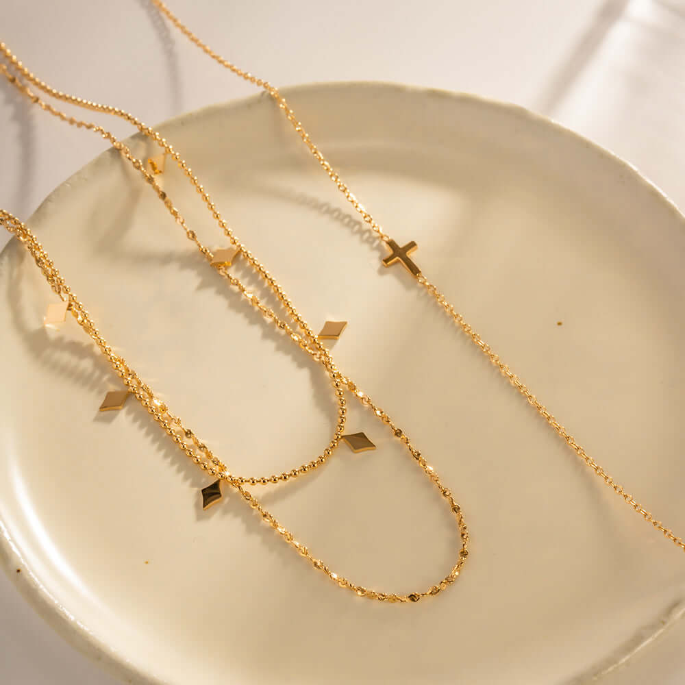 18K Gold Plated Geometric Double Strand Chain Necklace for Women - Elegant Layered Statement Jewelry for Parties, Date Night & Special Occasions | JDN120