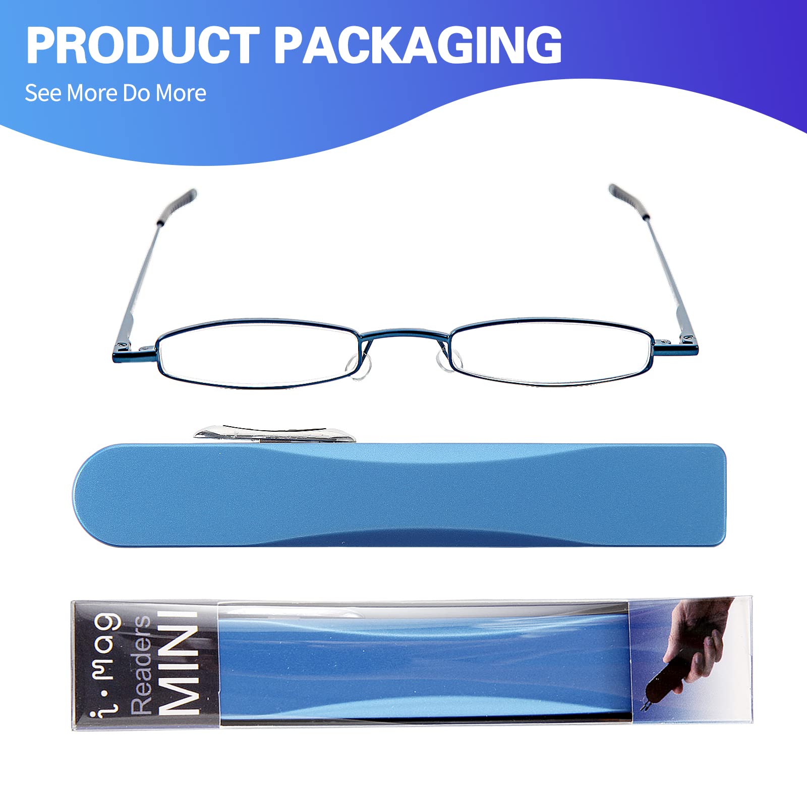 I-Mag Mini Slim Metal Spring Hinge Reading Glasses with Slide Open Hard Case - Blue +1.50 Magnification for Men & Women - Lightweight Eyewear for Reading, Office Work & Travel