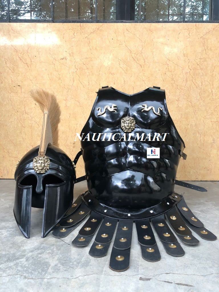 Greek Corinthian Helmet with Muscle Armor - Black Antique Finish - Spartan Warrior Costume, LARP, Cosplay & Historical Reenactment