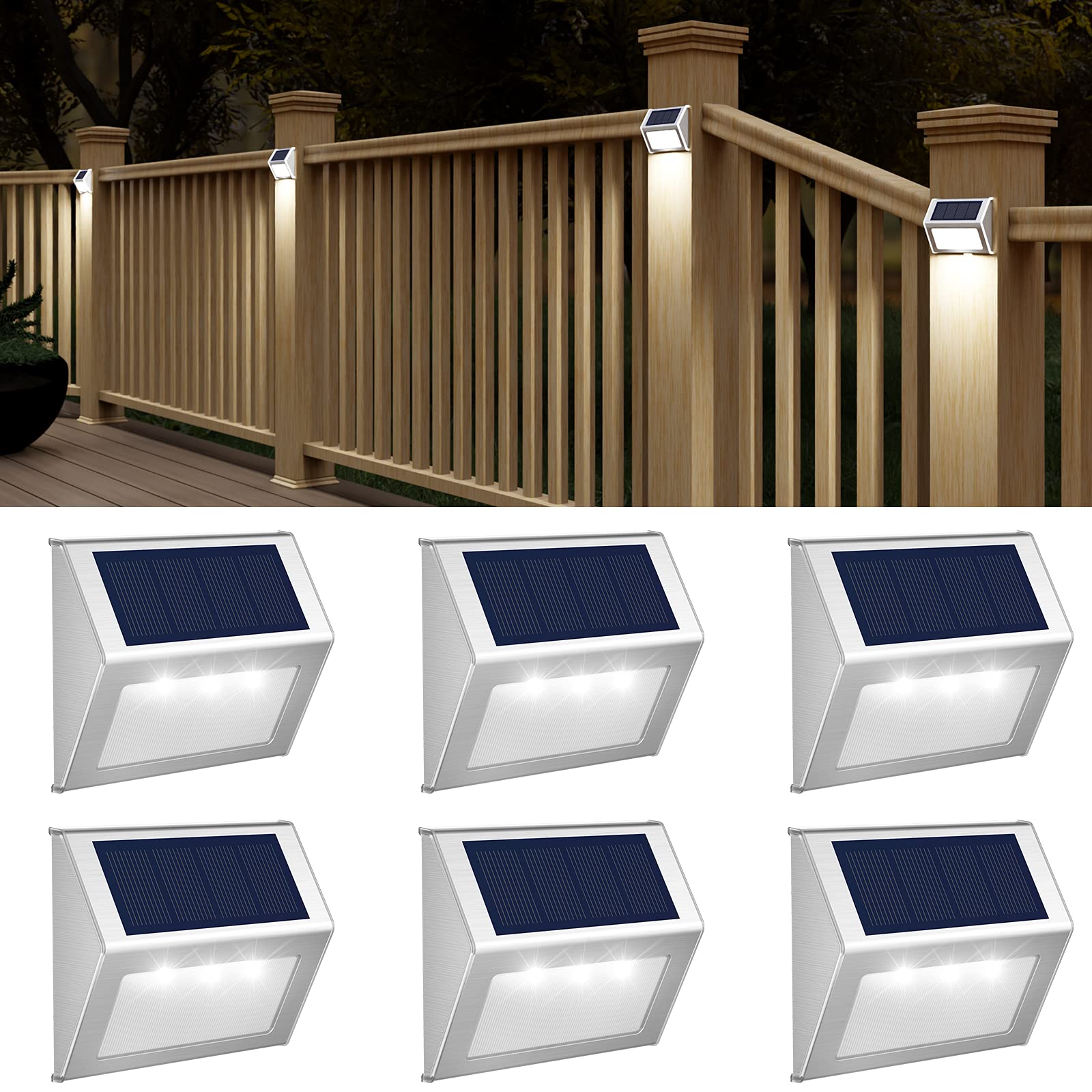 JSOT Outdoor Solar Lights - 6 Pack Waterproof Solar Powered Deck Lights for Fence, Post, Backyard, Patio, Stair & Wall Lighting | 3 LED Cool White Lights | Perfect for Garden, Pathway & Landscape Illumination
