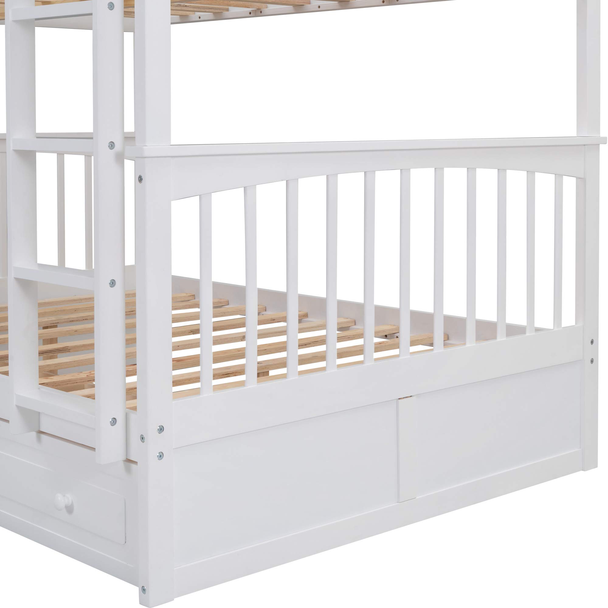 P PURLOVE Full Over Full Bunk Bed with 2 Storage Drawers - Convertible Wooden Bunk Bed Frame for Kids & Teens - Splits into 2 Twin Daybeds - White - Space Saving Bedroom Solution for Small Rooms, Guest Rooms & Kids' Shared Bedrooms
