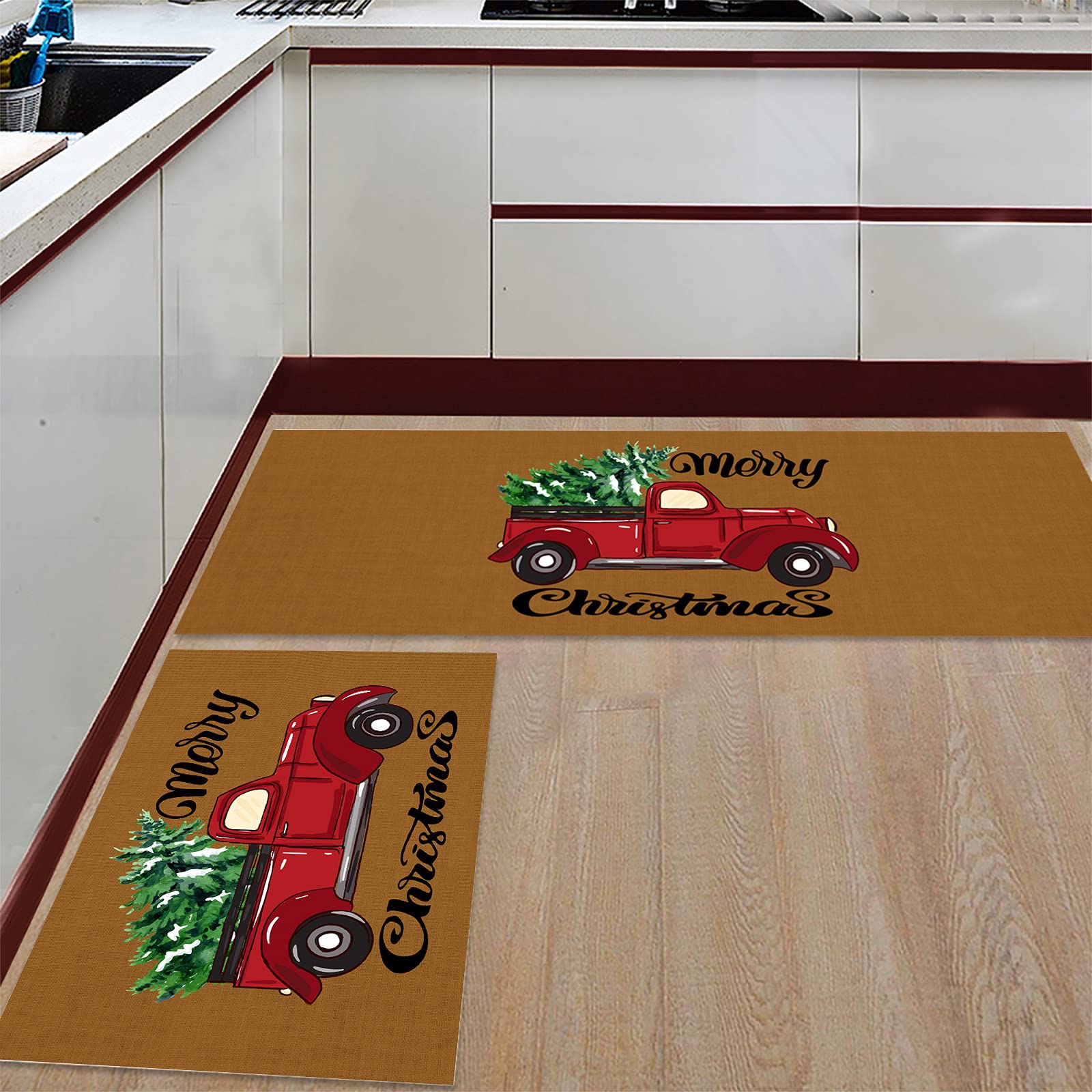 Red Truck Christmas Tree 2-Piece Non-Slip Kitchen Mat Set - Anti-Fatigue Thick Floor Mats with Runner for Holiday Decor & Cozy Cooking | Perfect for Christmas Kitchen Decorations & Festive Home Accents