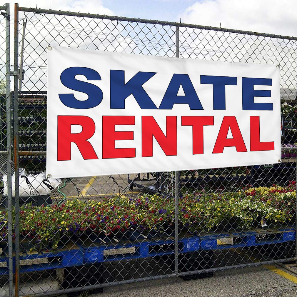 Custom Vinyl Banner 48x96 Inches - Durable Weatherproof Skate Rental & Business Sign with 8 Grommets (Blue/Red) for Outdoor, Industrial & Yard Use - Perfect for Events, Advertising & Storefront Displays