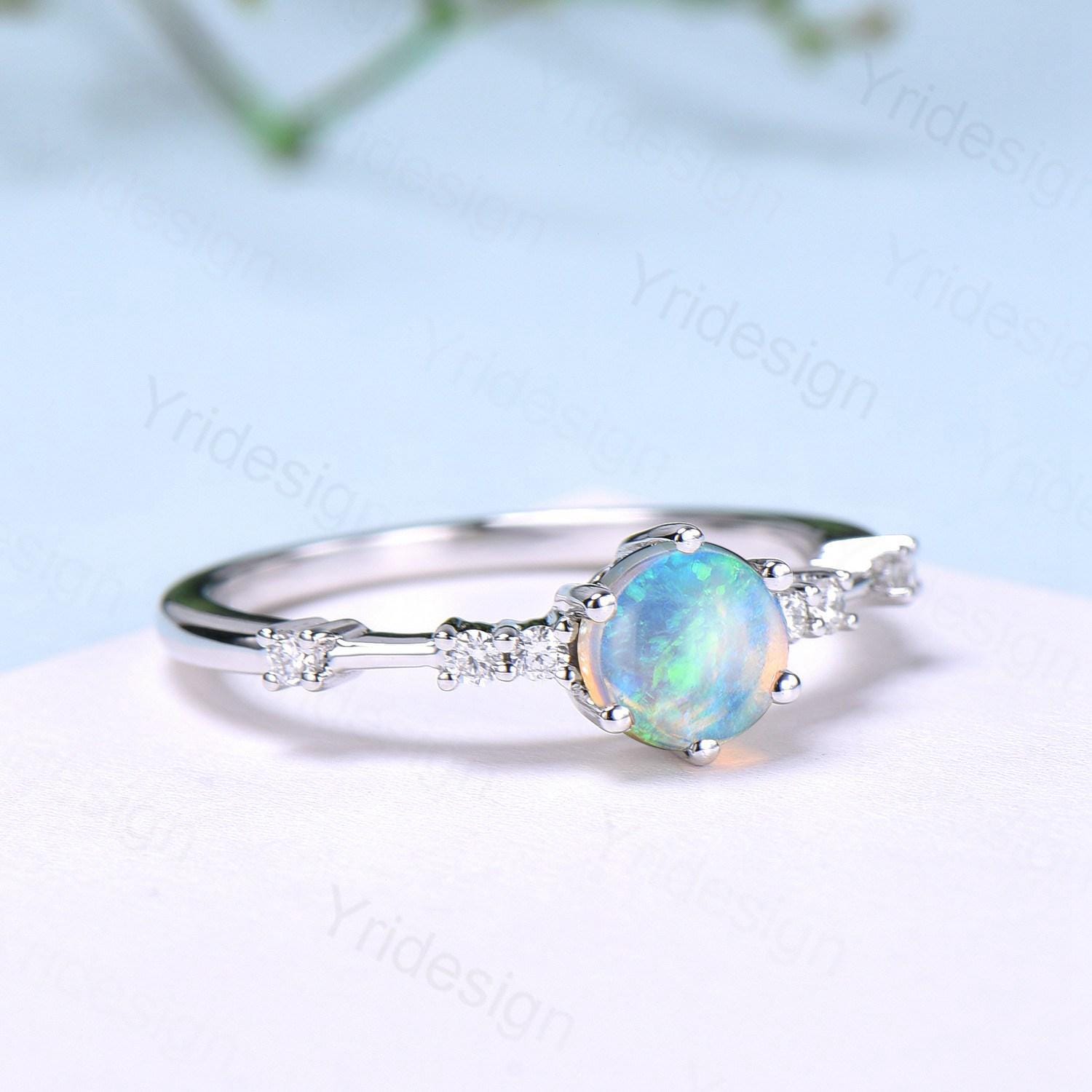 Natural Fire Opal & Diamond Engagement Ring in White Gold - Dainty Minimalist Bridal Ring for Women, Anniversary Gift, Wedding Proposal, Everyday Elegant Jewelry