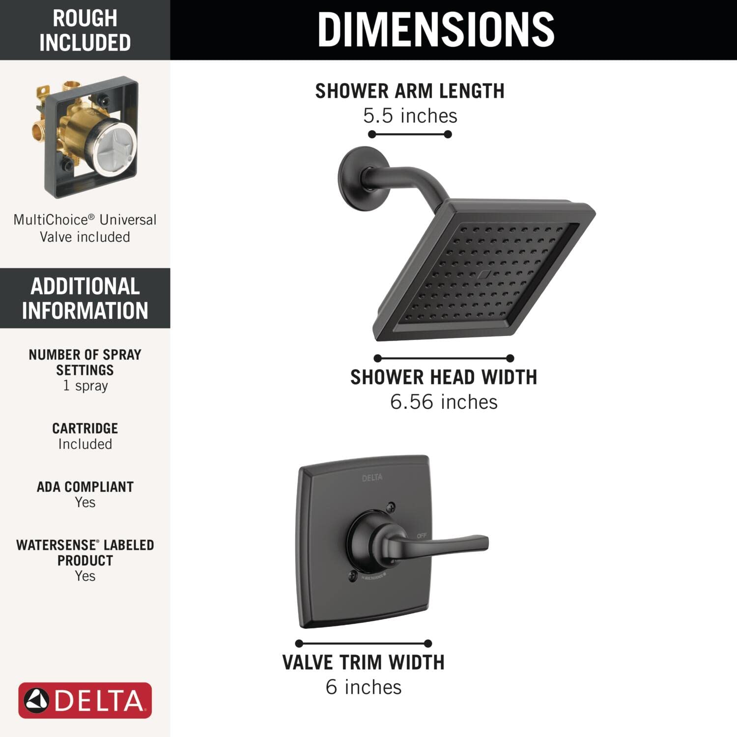 Delta Faucet Geist 14 Series Matte Black Shower Faucet Set with Single-Spray Shower Head & Valve Included - Complete Shower Trim Kit for Modern Bathrooms (Model 142864-BL) - Perfect for Spa-Like Showers and Luxury Bathroom Upgrades