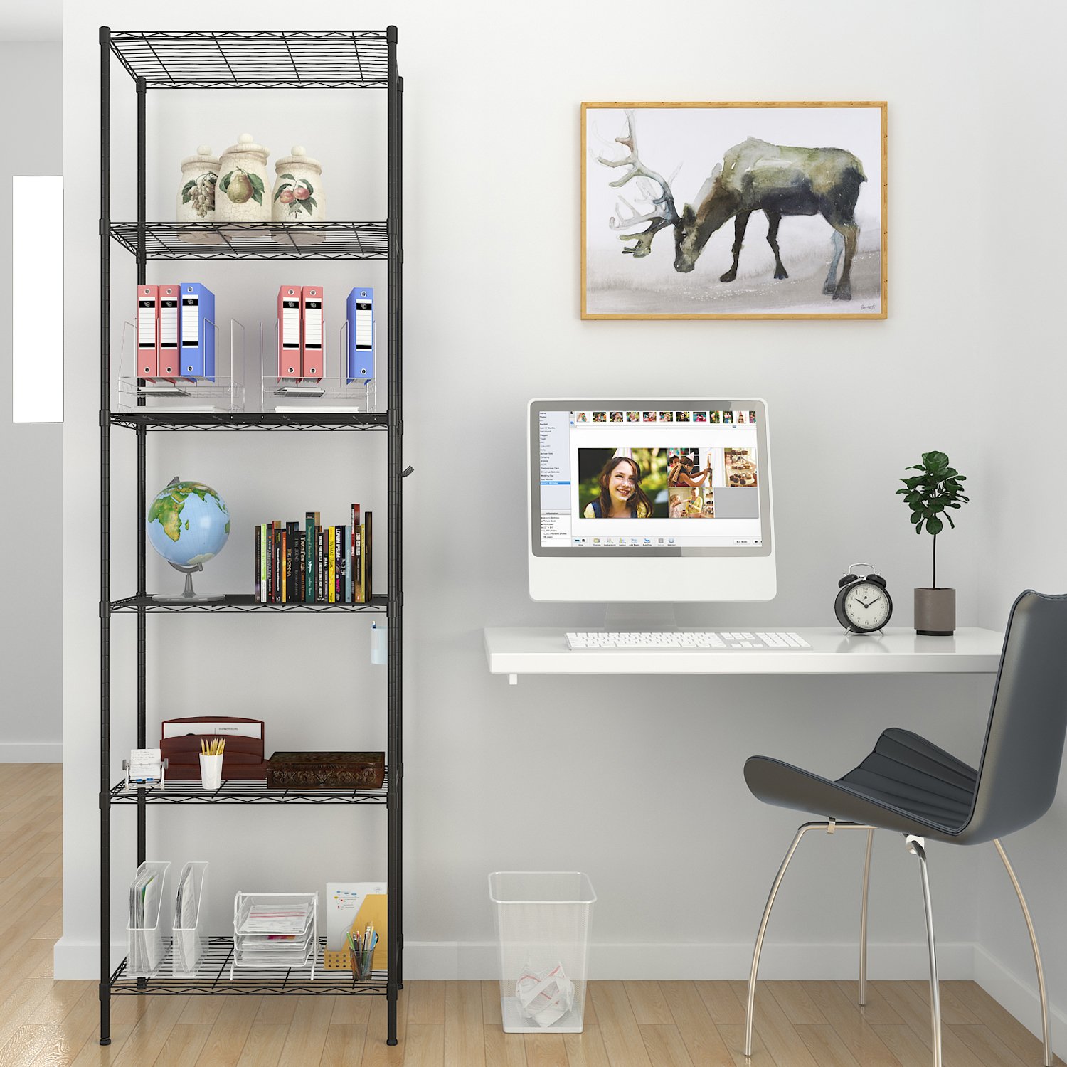 Anfan 6-Tier Heavy Duty Metal Wire Shelving Unit - Adjustable Leveling Feet & Side Hooks - Black Storage Shelves for Kitchen, Garage, Office Organization - Perfect for Pantry Storage, Workshop Tools & Home Organization