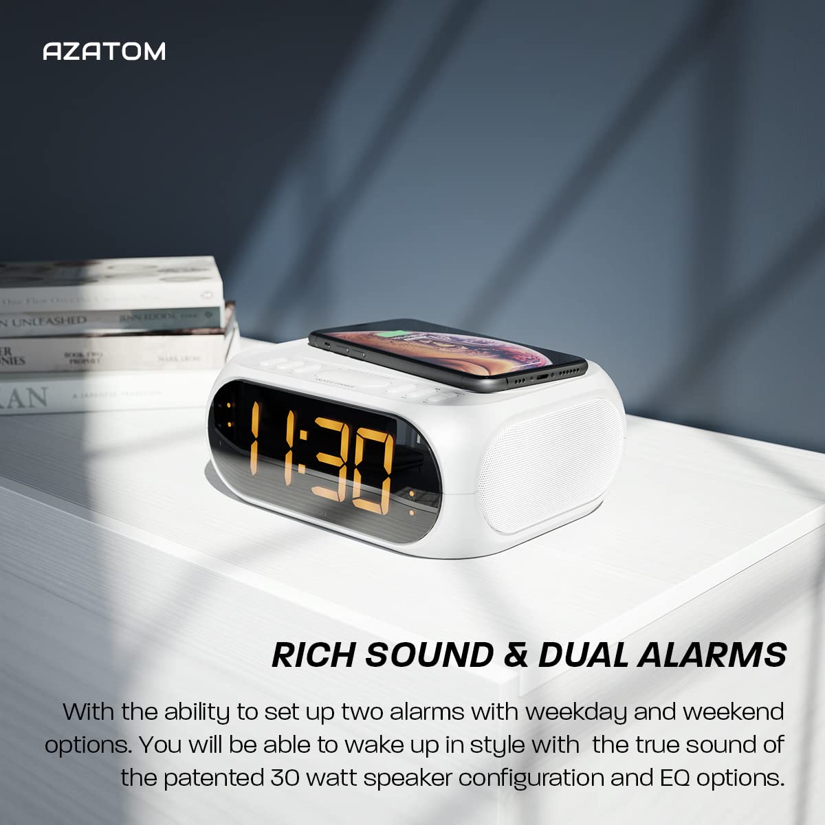 AZATOM Homehub Compact Bluetooth Alarm Clock Radio with QI Wireless Fast Charging for iPhone & Android - White | Bedside, Office, Travel Use