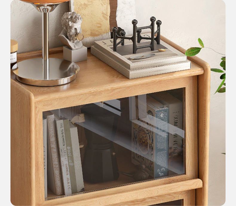 Solid Oak and Ash Wood Flip Door Side Cabinet with LED Lighting - Perfect for Living Room, Bedroom, or Office Storage and Display