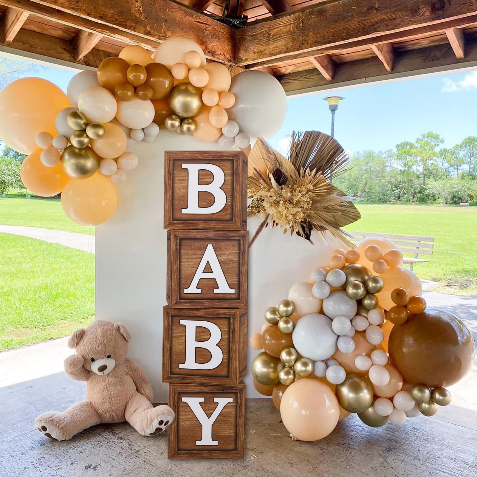 Wood Grain Brown Baby Shower Balloon Boxes (4-Pack) - First Birthday Centerpiece Decorations, Teddy Bear Baby Shower Supplies & Gender Reveal Backdrop - Perfect for Baby Showers, Birthday Parties & Nursery Decor