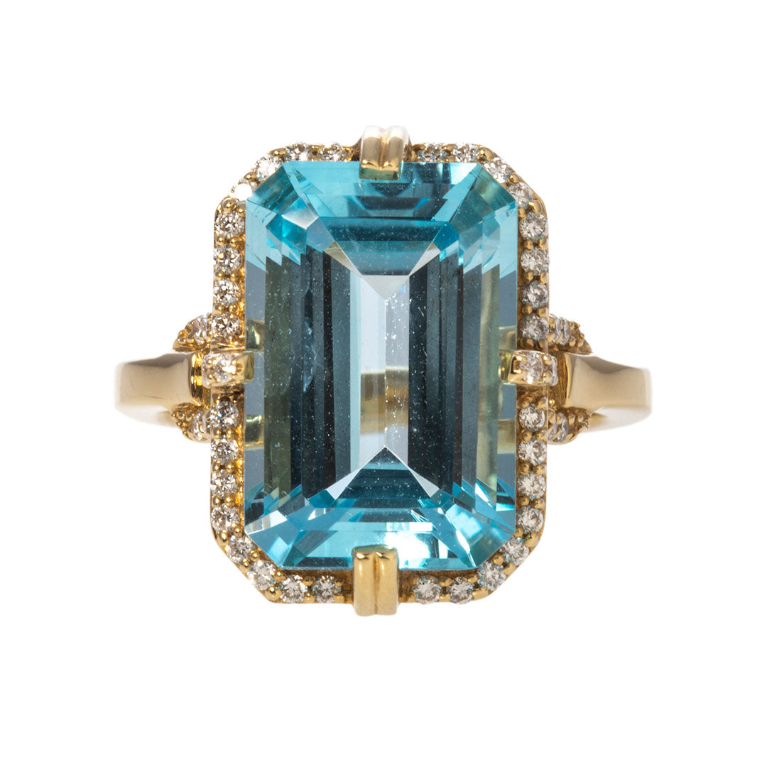 Goshwara 18K Gold Emerald Cut Blue Topaz & Diamond Ring for Women – Elegant Jewelry Gift for Engagement, Wedding, Anniversary & Special Occasions
