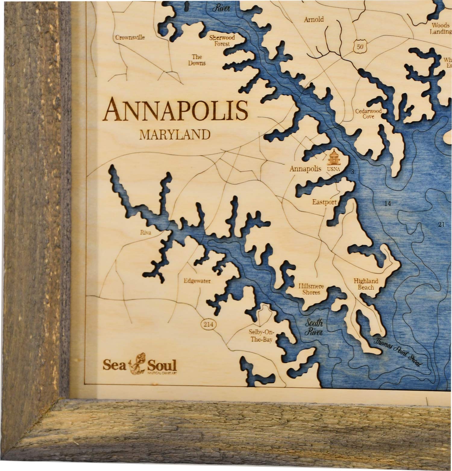 Sea & Soul Annapolis 3D Nautical Wood Map Wall Art - Handcrafted USA-Made 13”x16” Coastal Decor - Rustic Pine & Deep Blue Wooden Chart - Perfect for Beach House, Office, or Lake Cabin Decor - Unique Housewarming & Wedding Gift Idea