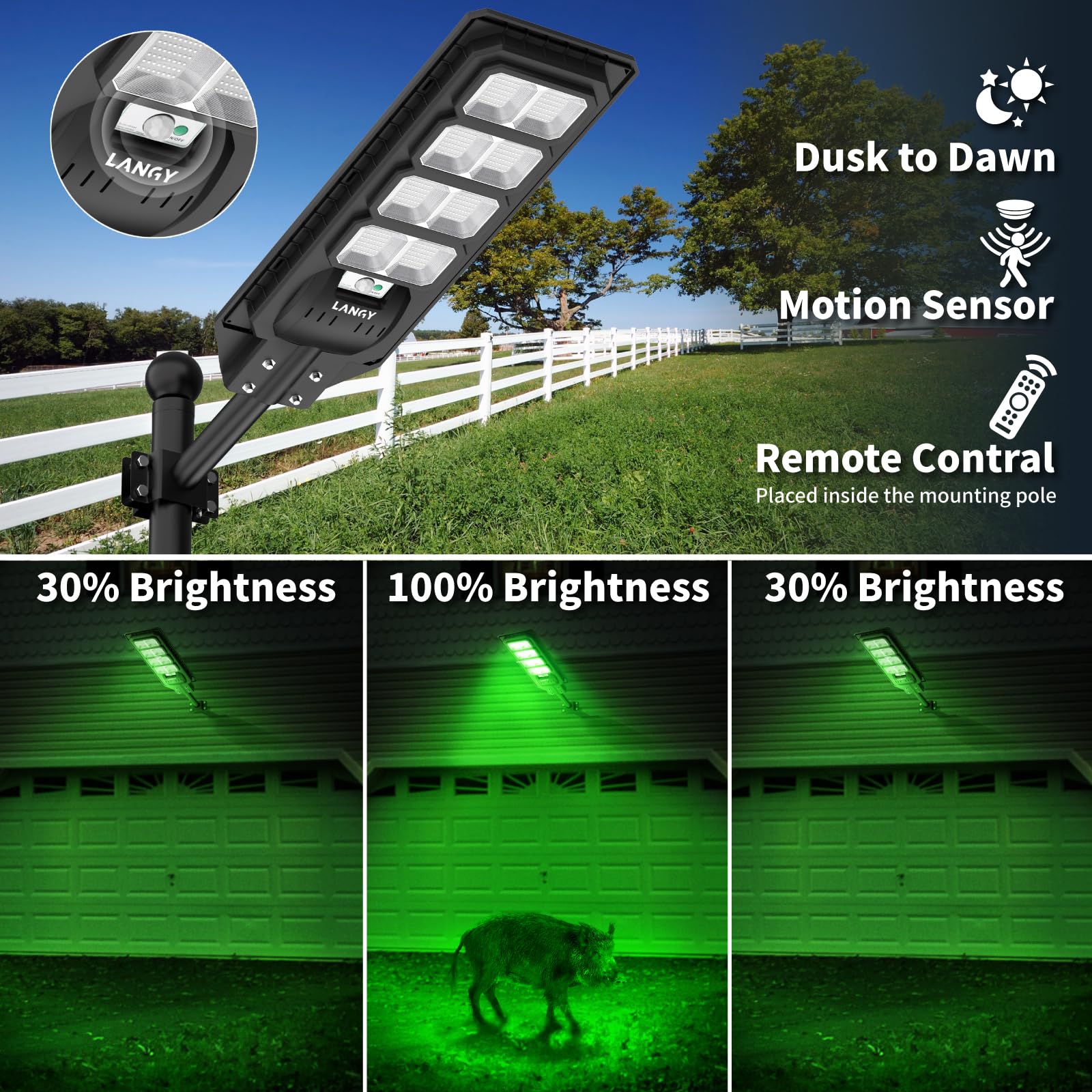 Solar Powered 20000LM Green Hunting Light - Motion Activated Hog Light for Night Hunting Hogs, Coyote, Varmint & Deer | Ideal for Feeder Lights & Outdoor Hunting Scenarios