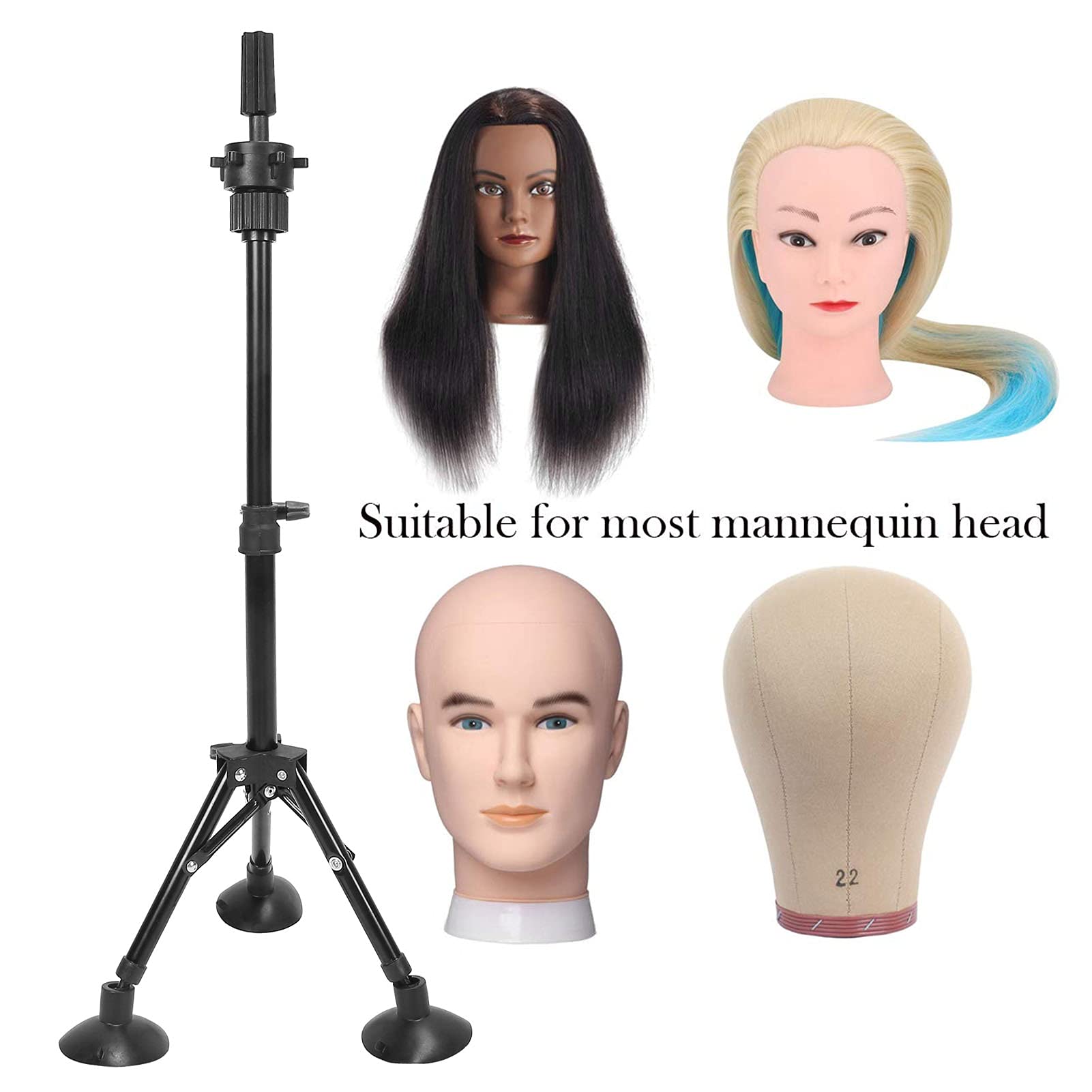 Adjustable Metal Wig Mannequin Head Stand - Foldable & Stable for Barber Shop, Salon, Hairstyling Practice (Black) | Perfect for Wig Display, Hair Cutting Training & Styling Practice